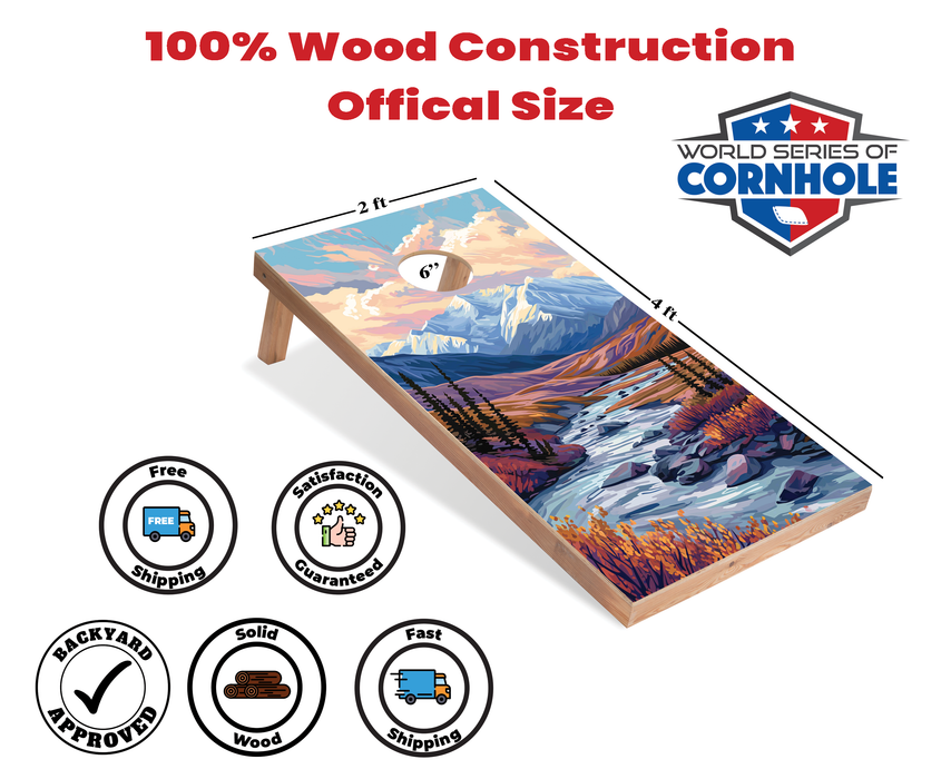 World Series of Cornhole Recreational Cornhole Set - Denali National Park Daytime Boards with Red and Royal Blue Bags