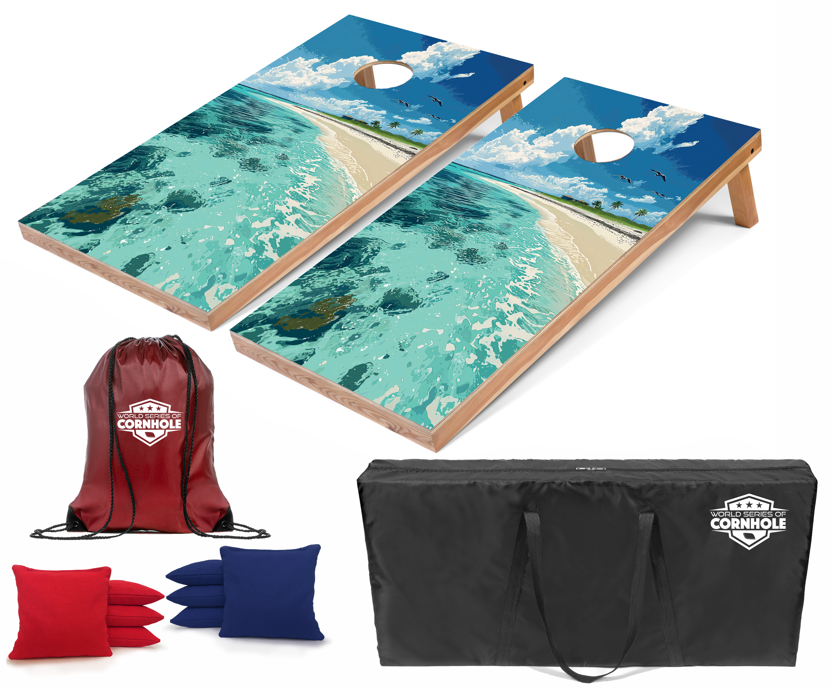 World Series of Cornhole Lightweight Cornhole Set - Dry Tortugas National Park Daytime Boards with Red and Royal Blue Bags