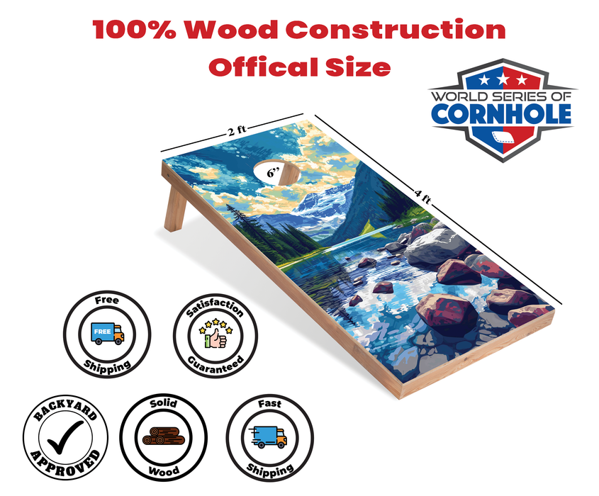 World Series of Cornhole Recreational Cornhole Set - Glacier National Park Daytime Boards with Red and Royal Blue Bags
