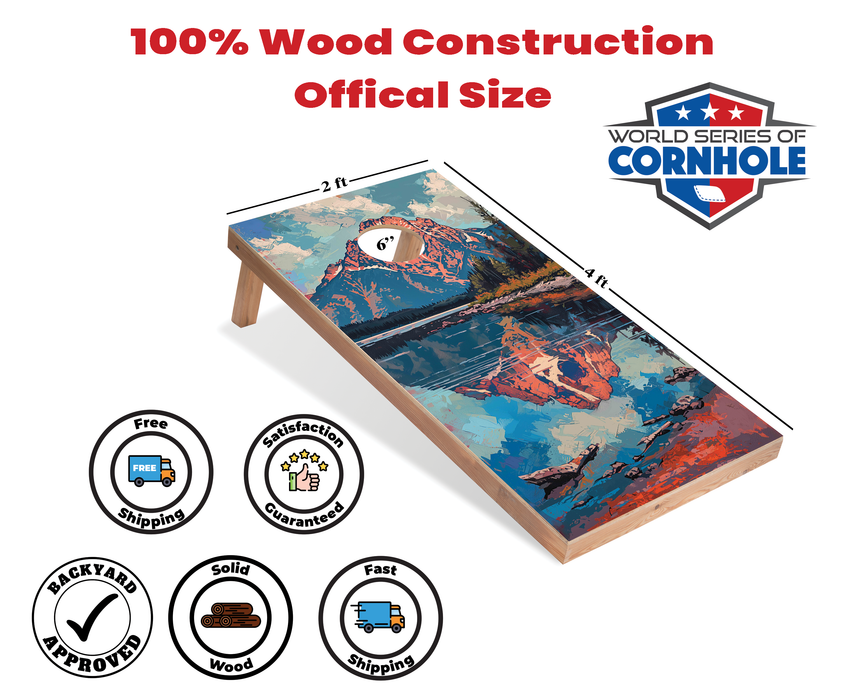 World Series of Cornhole Recreational Cornhole Set - Grand Teton National Park Daytime Boards with Red and Royal Blue Bags
