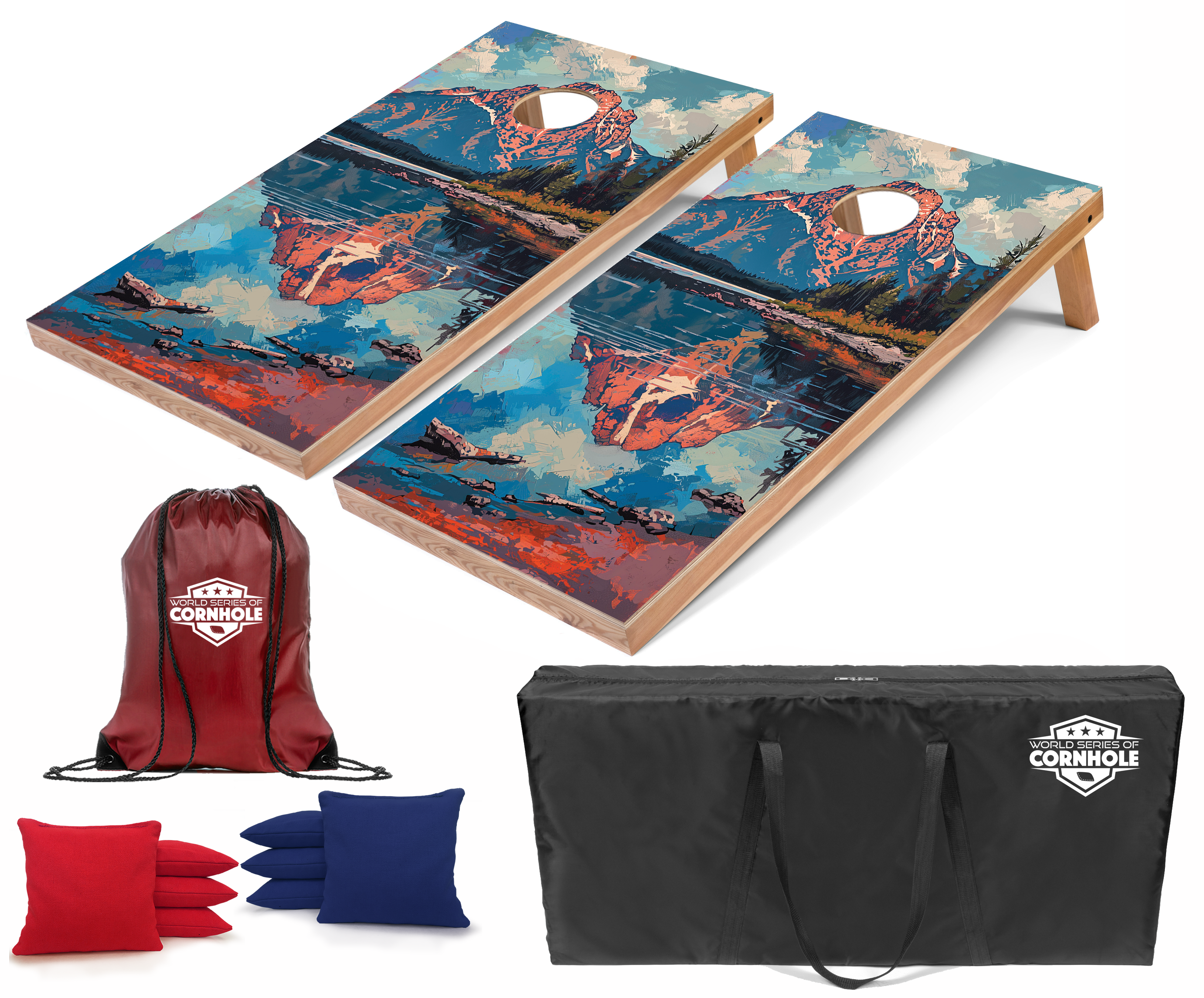 World Series of Cornhole Lightweight Cornhole Set - Grand Teton National Park Daytime Boards with Red and Royal Blue Bags