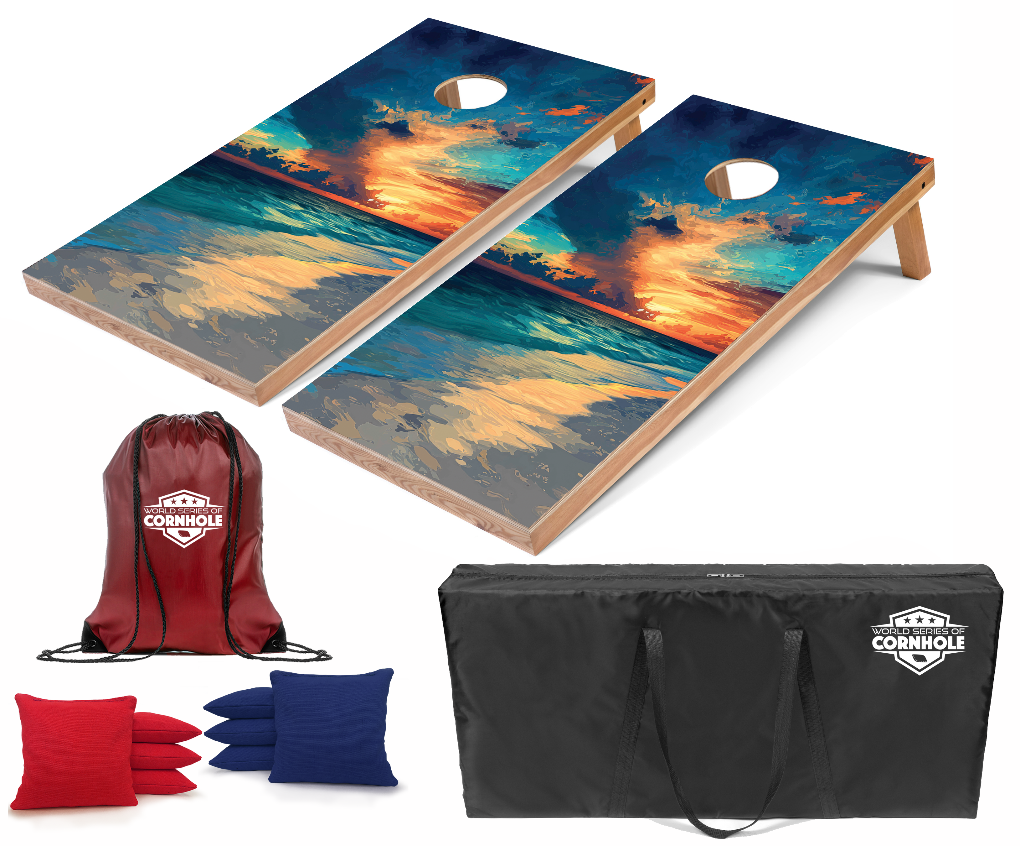 World Series of Cornhole Lightweight Cornhole Set - Gulf Shores National Park Daytime Boards with Red and Royal Blue Bags