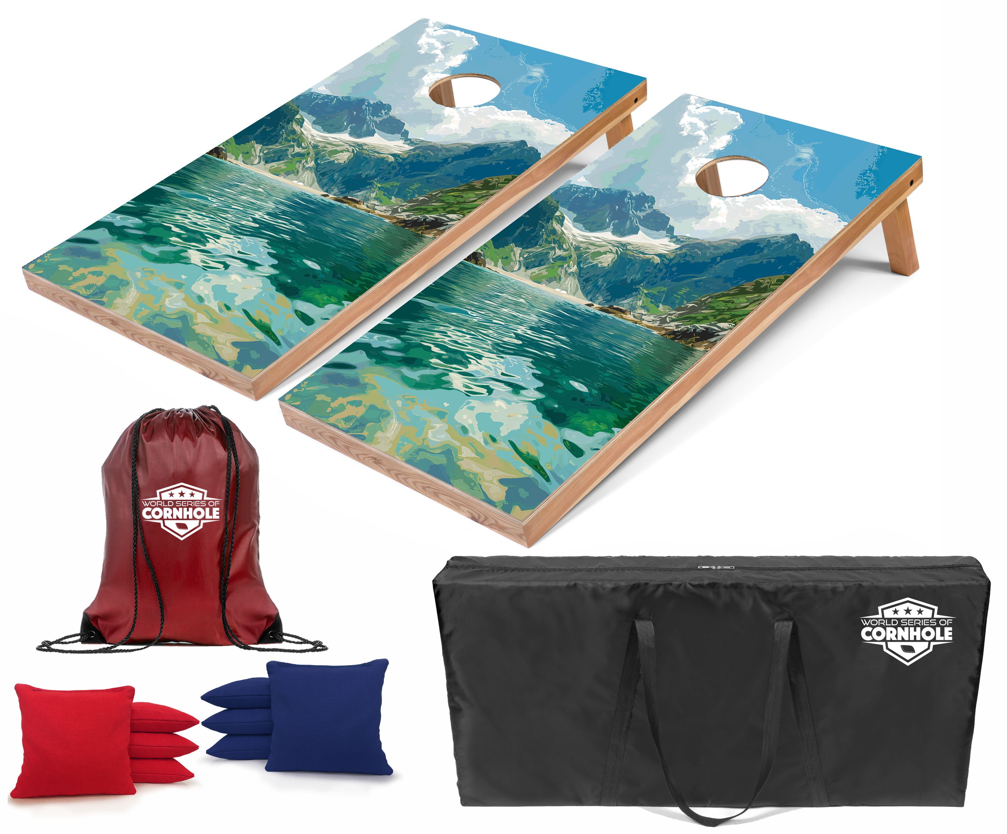 World Series of Cornhole Lightweight Cornhole Set - Kenai Fjords National Park Daytime Boards with Red and Royal Blue Bags