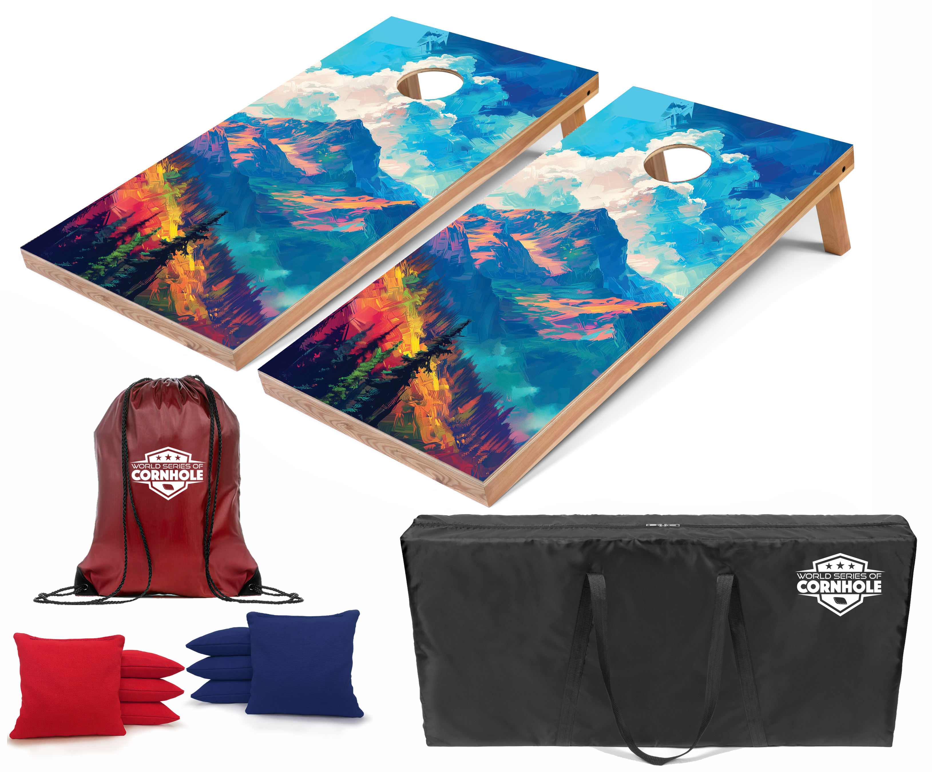 World Series of Cornhole Lightweight Cornhole Set - Mt. Olympus National Park Daytime Boards with Red and Royal Blue Bags