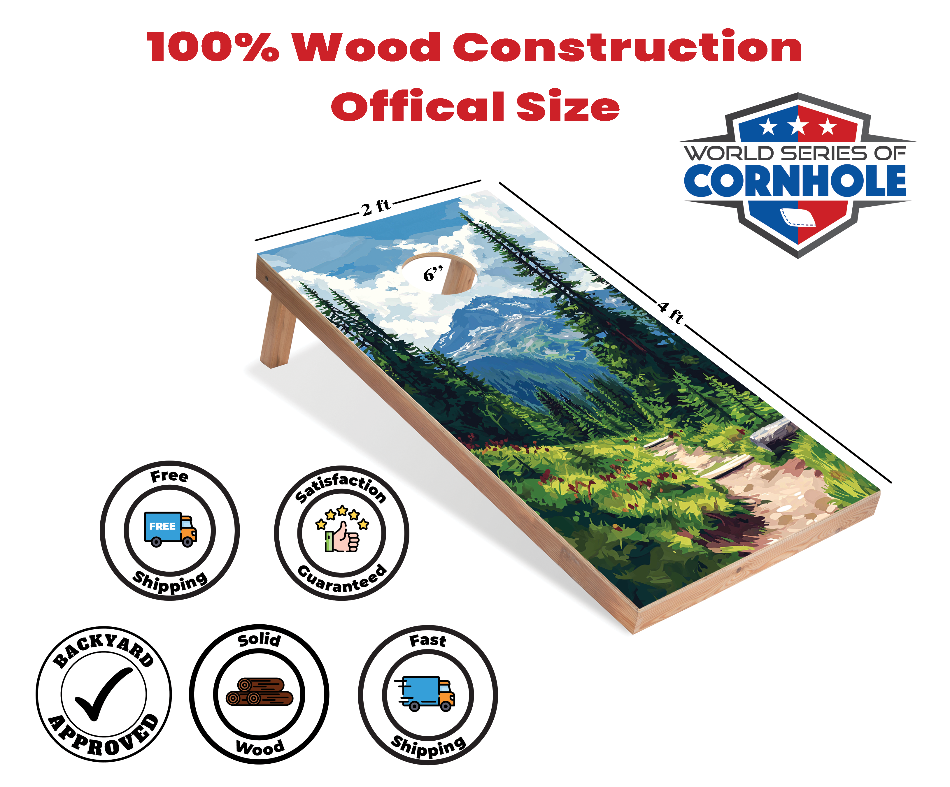 World Series of Cornhole Lightweight Cornhole Set - Mt. Rainier National Park Daytime Boards with Red and Royal Blue Bags