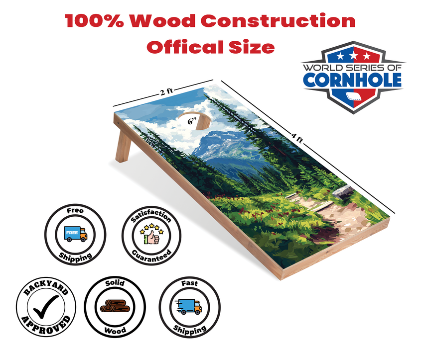 World Series of Cornhole Recreational Cornhole Set - Mt. Rainier National Park Daytime Boards with Red and Royal Blue Bags