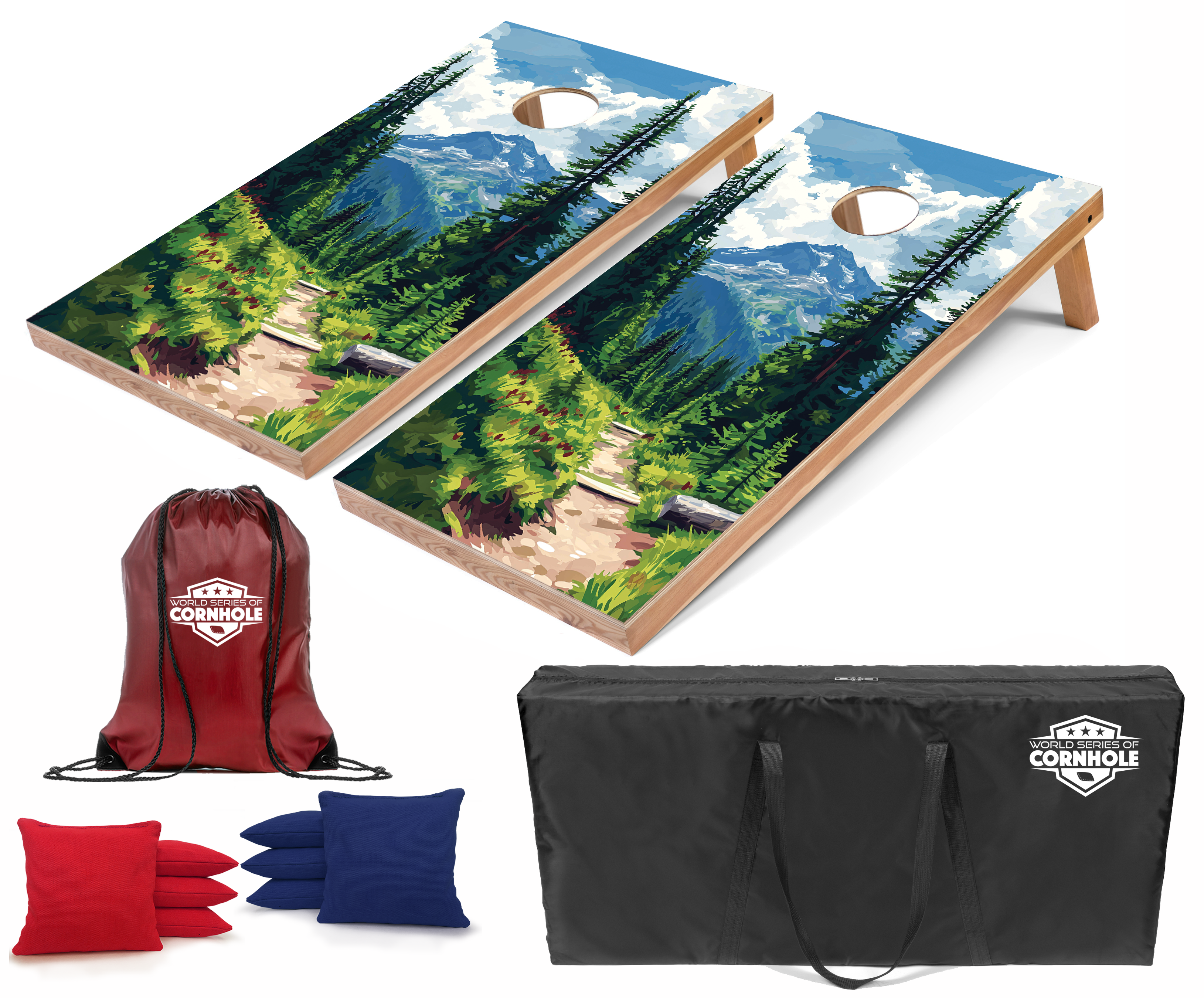 World Series of Cornhole Lightweight Cornhole Set - Mt. Rainier National Park Daytime Boards with Red and Royal Blue Bags