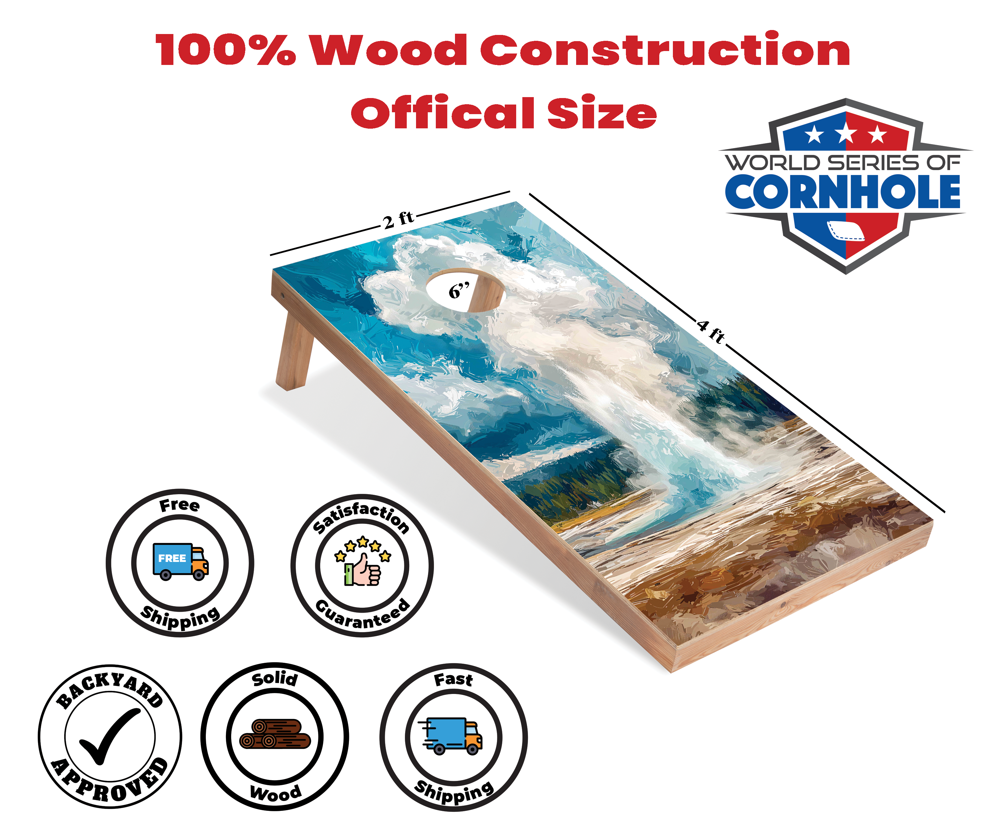 World Series of Cornhole Lightweight Cornhole Set - Yellowstone Old Faithful National Park Daytime Boards with Red and Royal Blue Bags