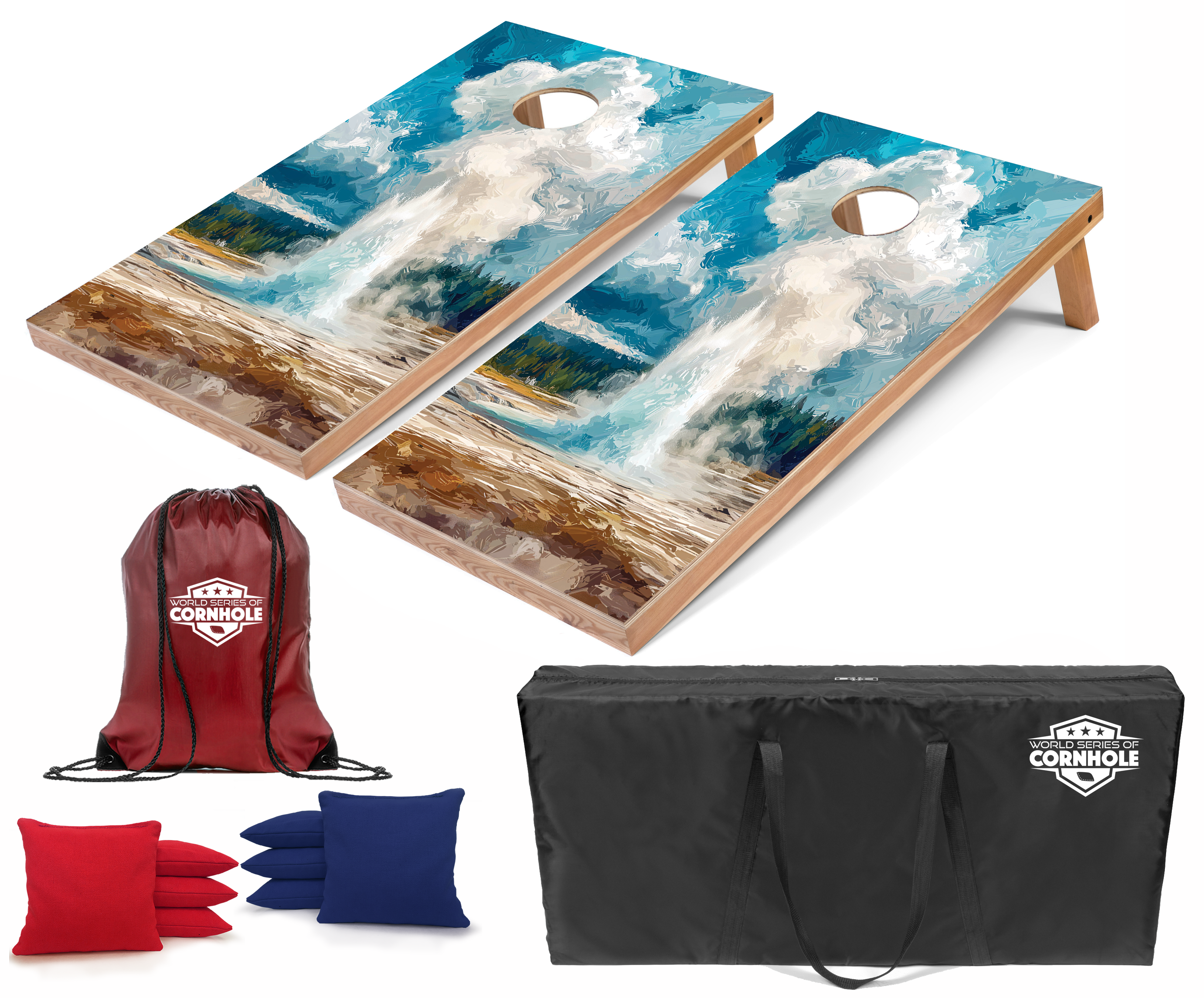 World Series of Cornhole Lightweight Cornhole Set - Yellowstone Old Faithful National Park Daytime Boards with Red and Royal Blue Bags