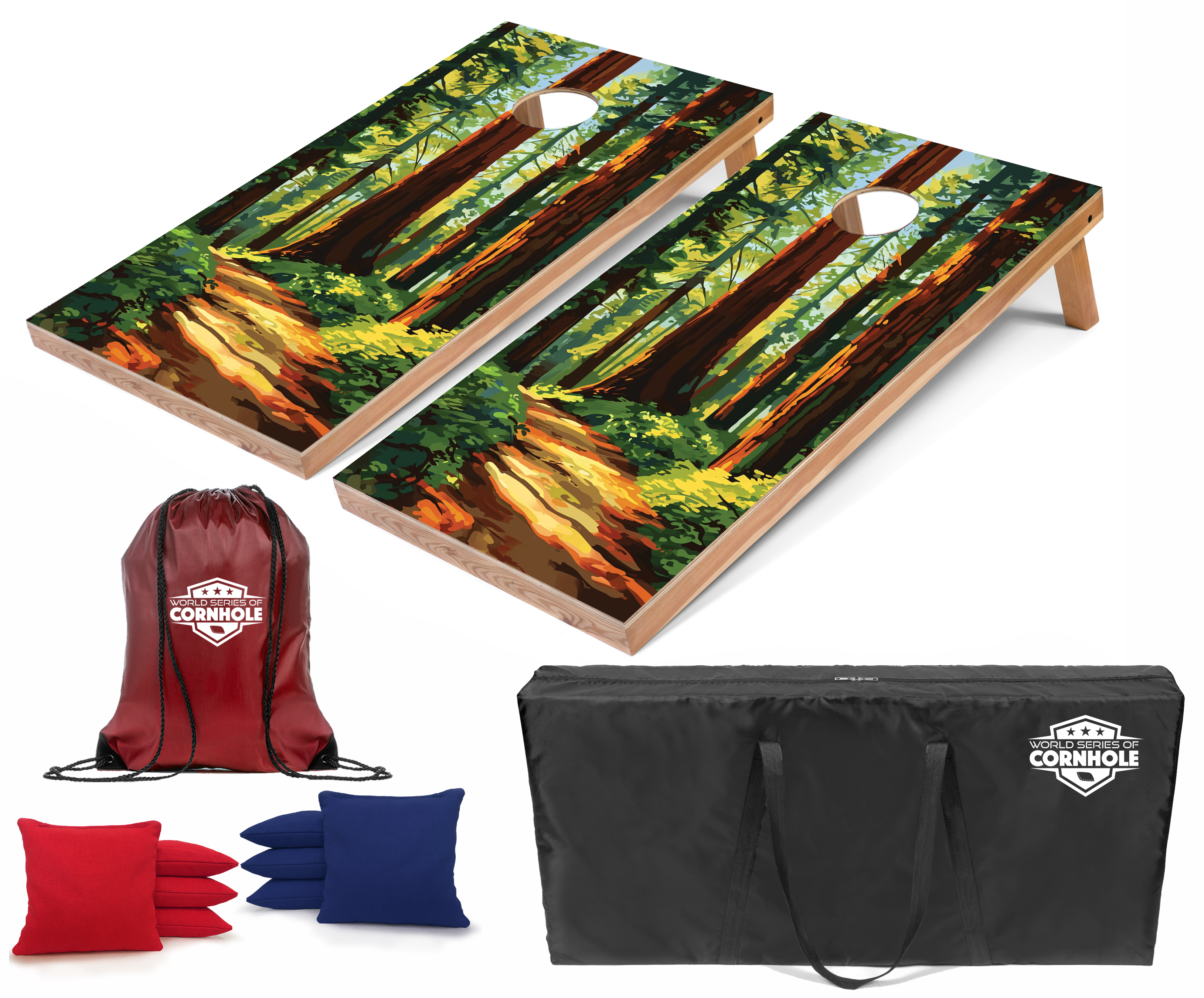 World Series of Cornhole Lightweight Cornhole Set - Redwood National Park Daytime Boards with Red and Royal Blue Bags