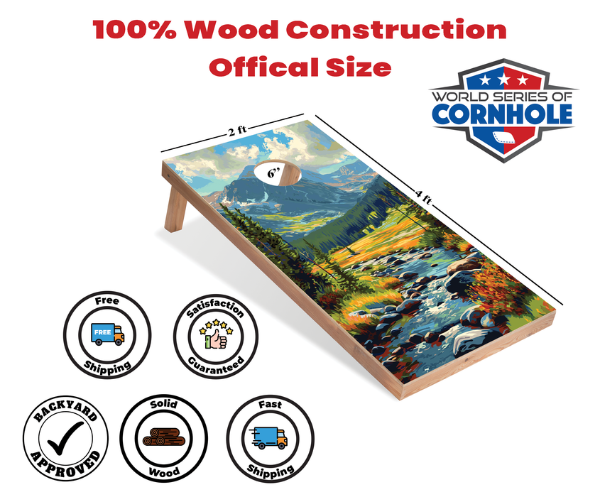 World Series of Cornhole Recreational Cornhole Set - Rocky Mountain National Park Daytime Boards with Red and Royal Blue Bags
