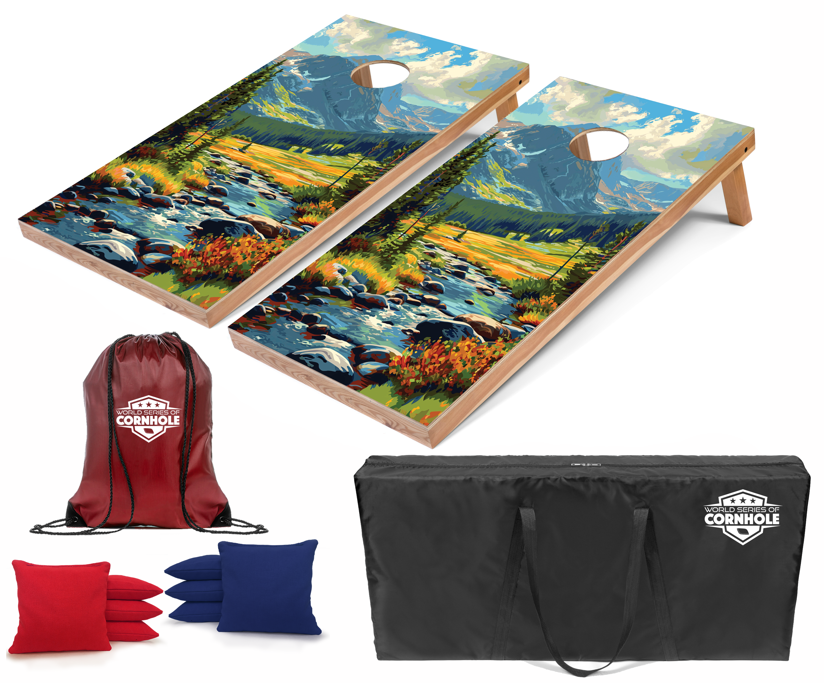 World Series of Cornhole Lightweight Cornhole Set - Rocky Mountain National Park Daytime Boards with Red and Royal Blue Bags