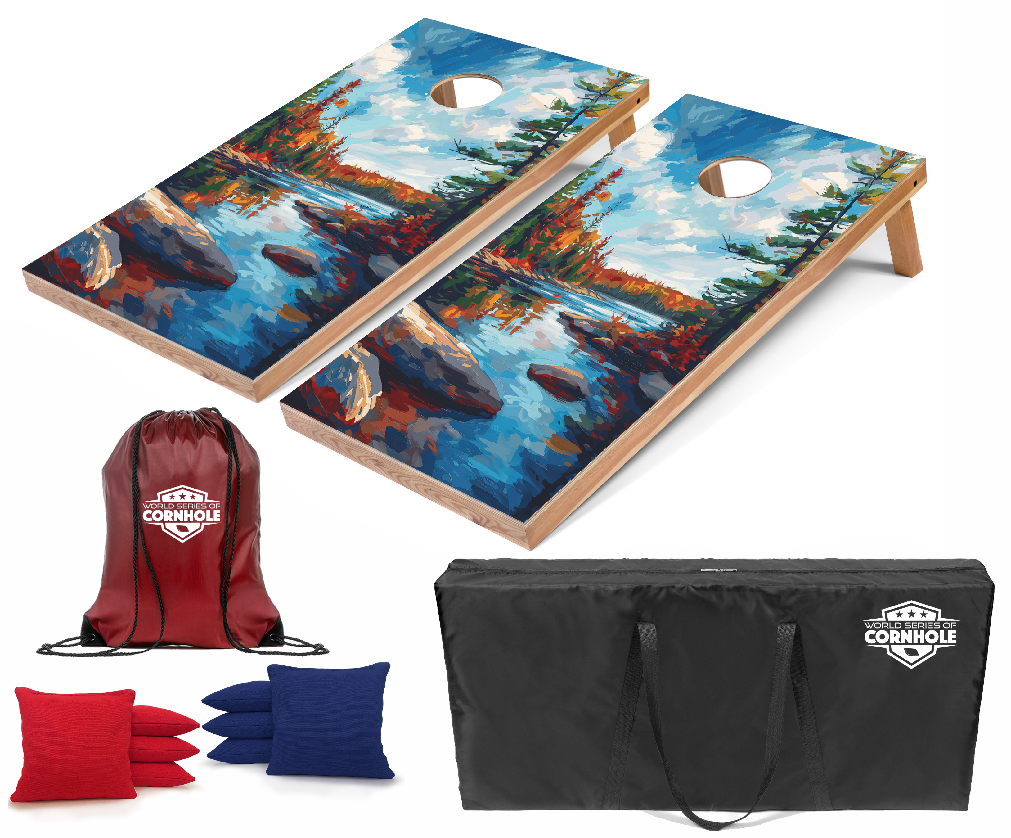 World Series of Cornhole Lightweight Cornhole Set - Voyageurs National Park Daytime Boards with Red and Royal Blue Bags