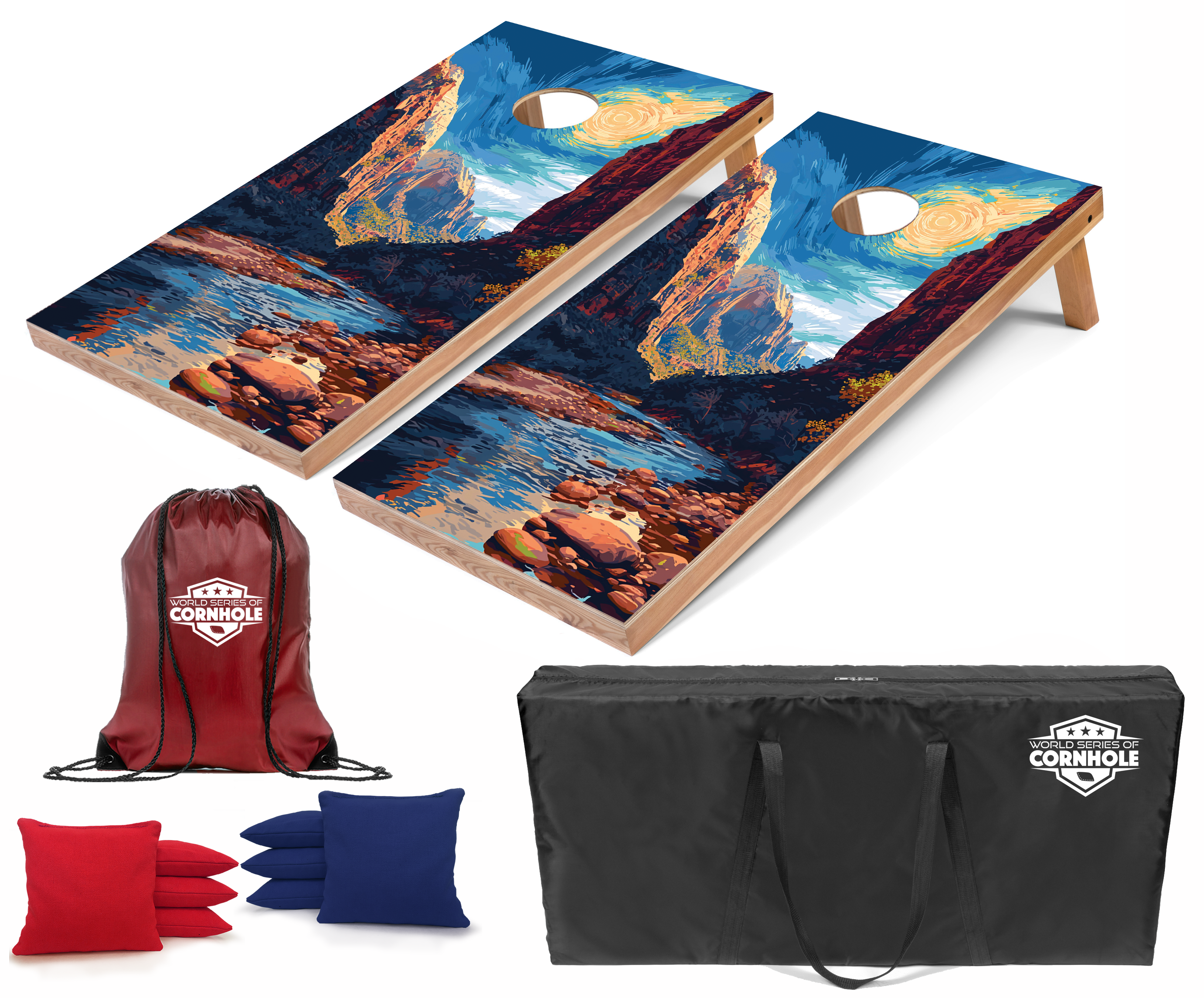 World Series of Cornhole Lightweight Cornhole Set - Zion National Park Daytime Boards with Red and Royal Blue Bags