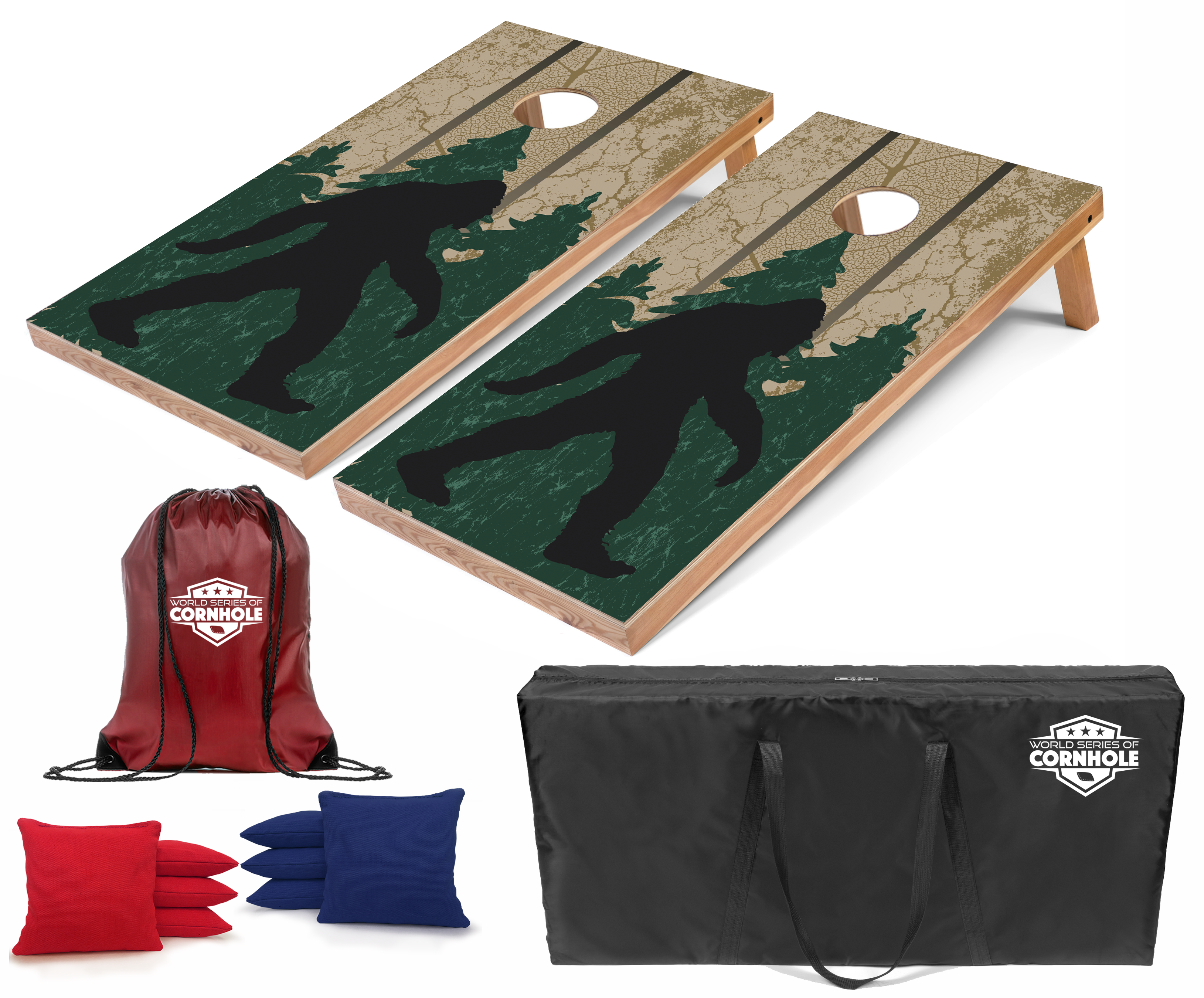 World Series of Cornhole Lightweight Cornhole Set - Wilderness Sasquatch Boards with Red and Royal Blue Bags