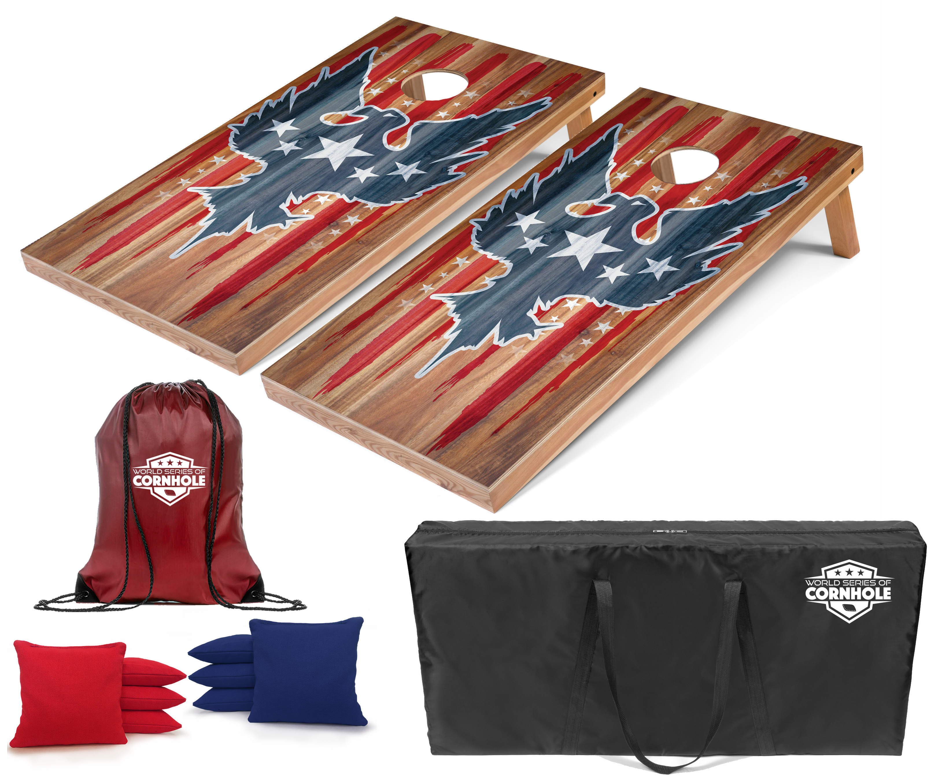 World Series of Cornhole Lightweight Cornhole Set - Stars and Stripes Eagle Boards with Red and Blue Bags