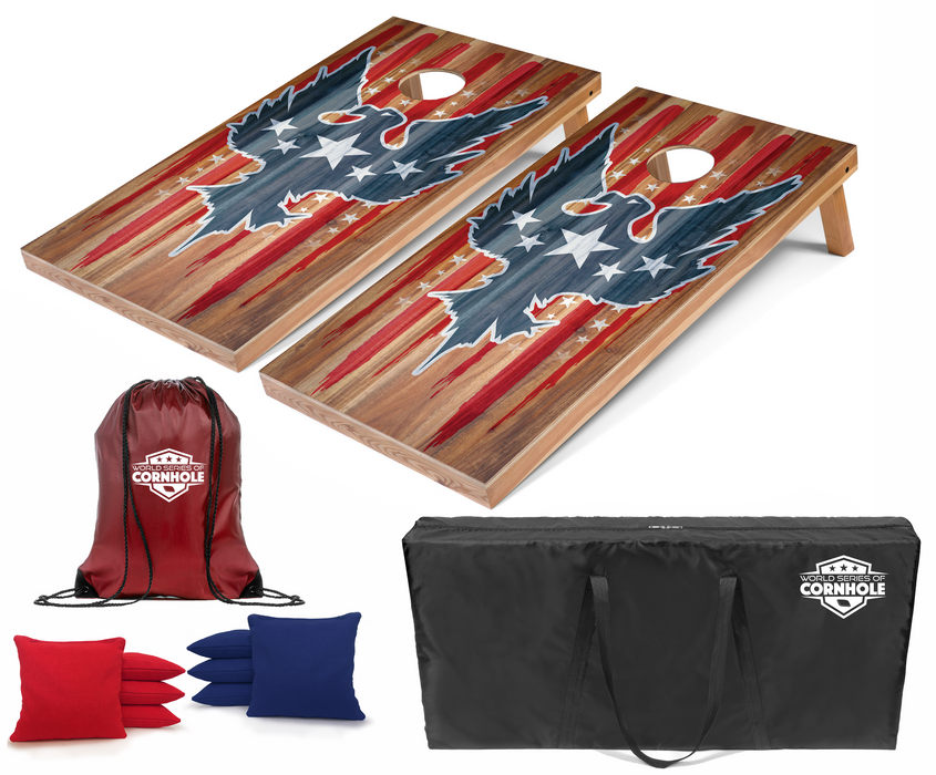 World Series of Cornhole Recreational Cornhole Set - Stars and Stripes Eagle Boards with Red and Blue Bags