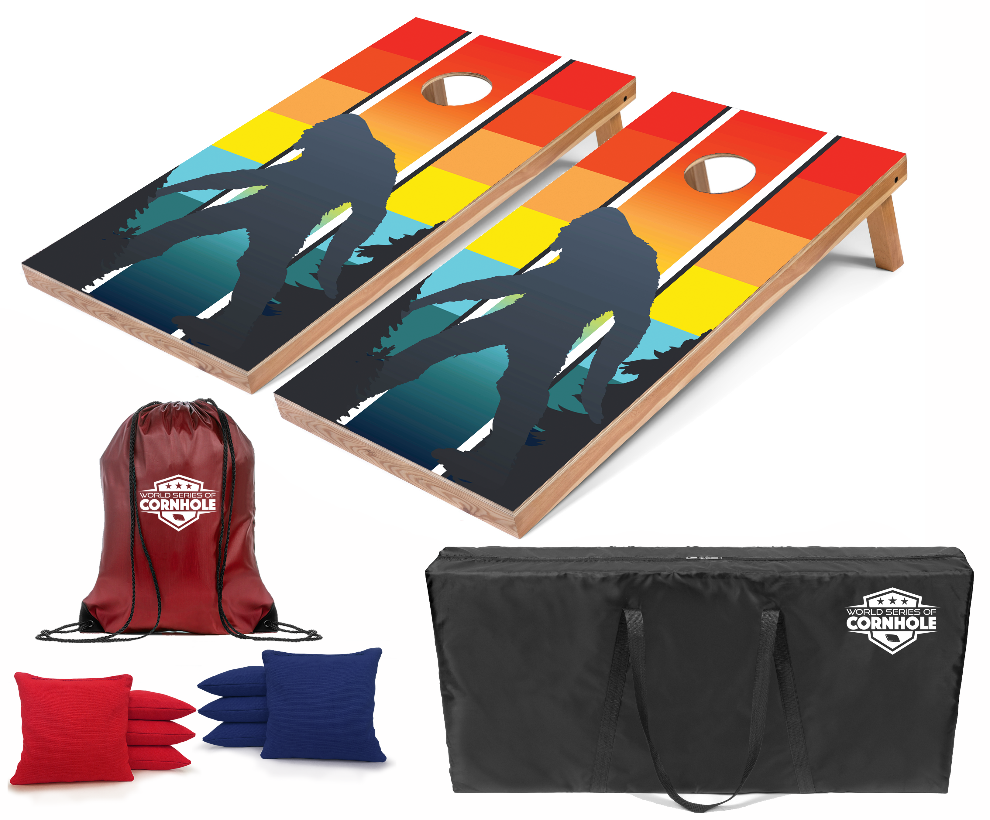 World Series of Cornhole Lightweight Cornhole Set - Retro Sasquatch Boards with Red and Royal Blue Bags