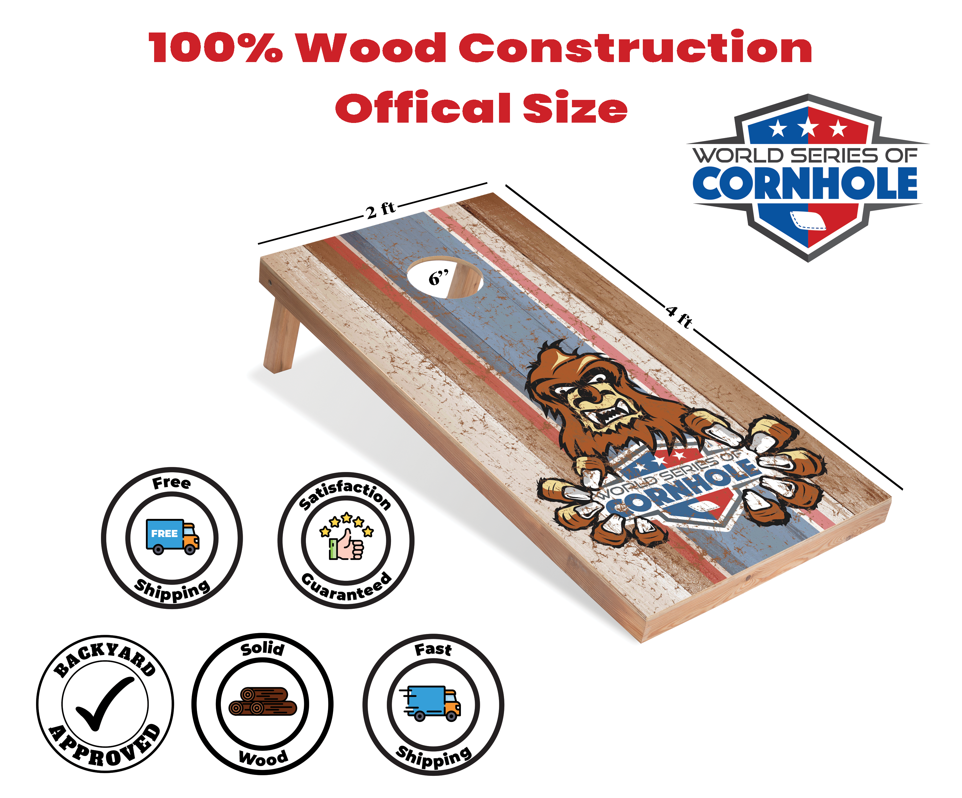 World Series of Cornhole Lightweight Cornhole Set - Animated Sasquatch Boards with Red and Royal Blue Bags