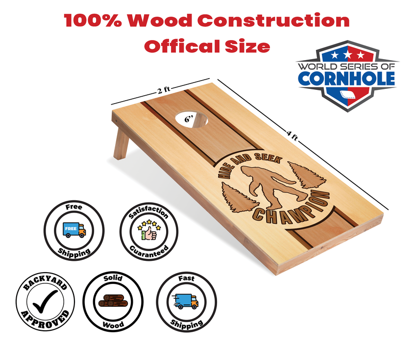 World Series of Cornhole Recreational Cornhole Set - Hide and Seek Sasquatch Boards with Red and Royal Blue Bags
