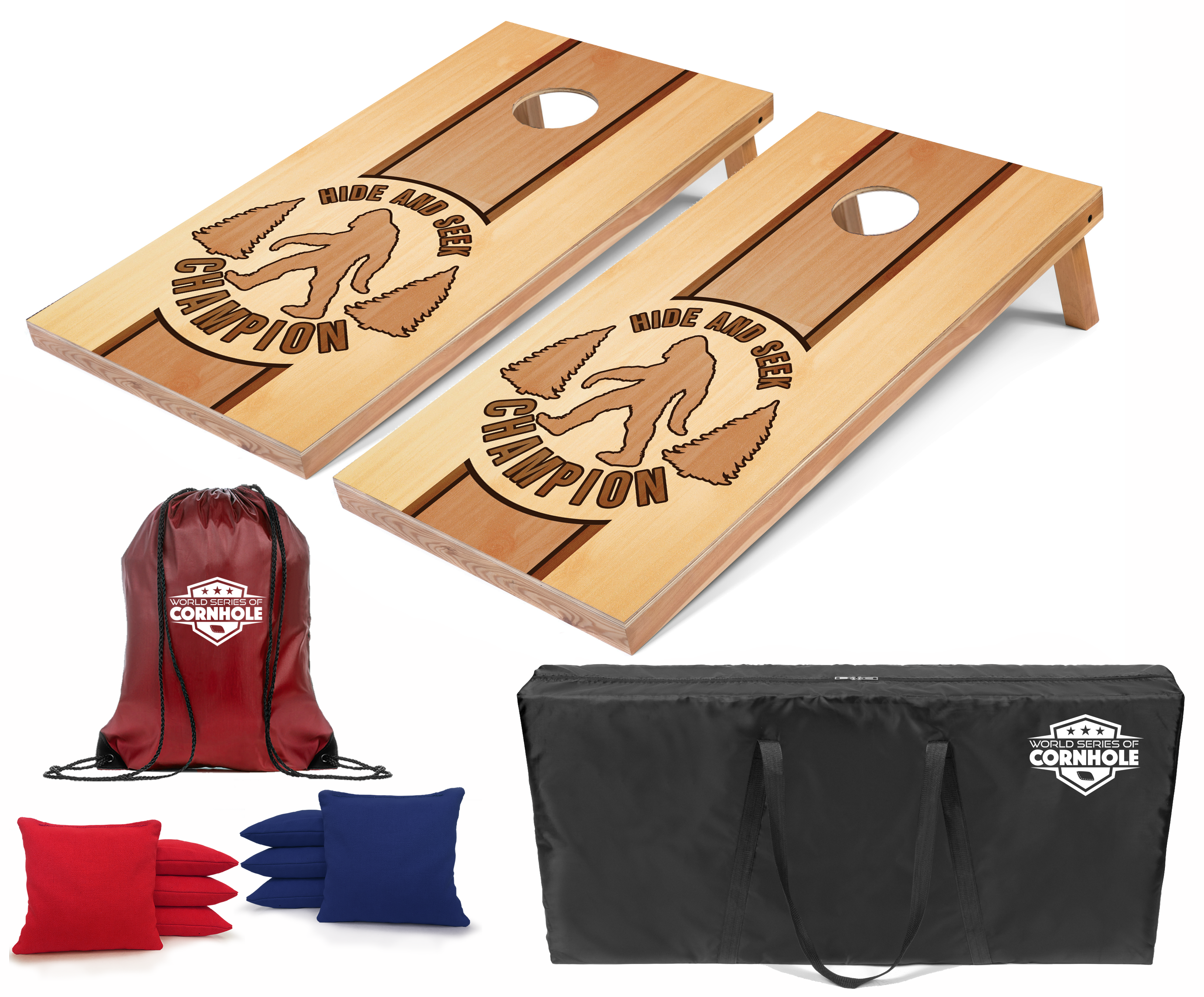 World Series of Cornhole Lightweight Cornhole Set - Hide and Seek Sasquatch Boards with Red and Royal Blue Bags