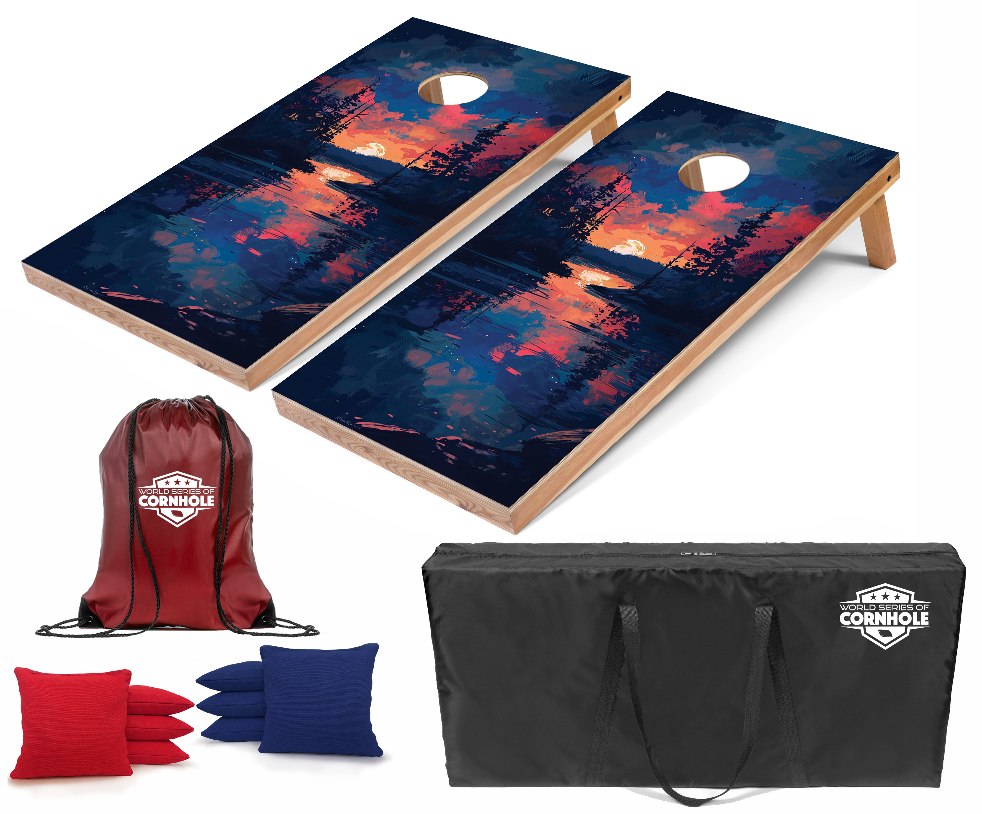 World Series of Cornhole Lightweight Cornhole Set - Acadia National Park Nighttime Boards with Red and Royal Blue Bags