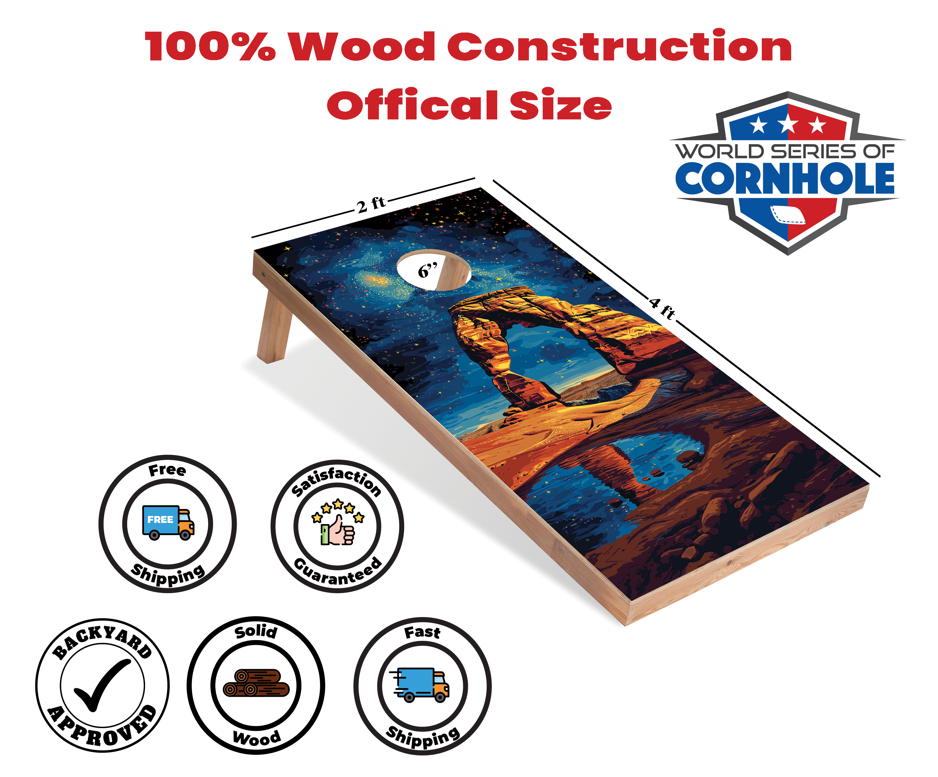 World Series of Cornhole Lightweight Cornhole Set - Arches National Park Nighttime Boards with Red and Royal Blue Bags