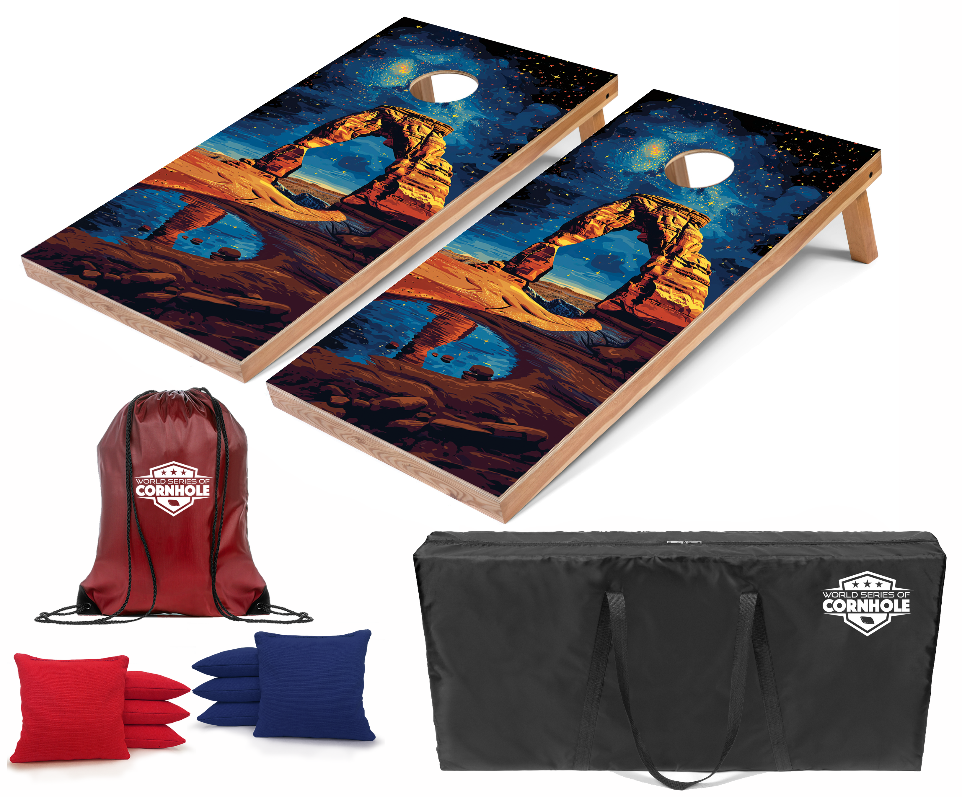 World Series of Cornhole Lightweight Cornhole Set - Arches National Park Nighttime Boards with Red and Royal Blue Bags