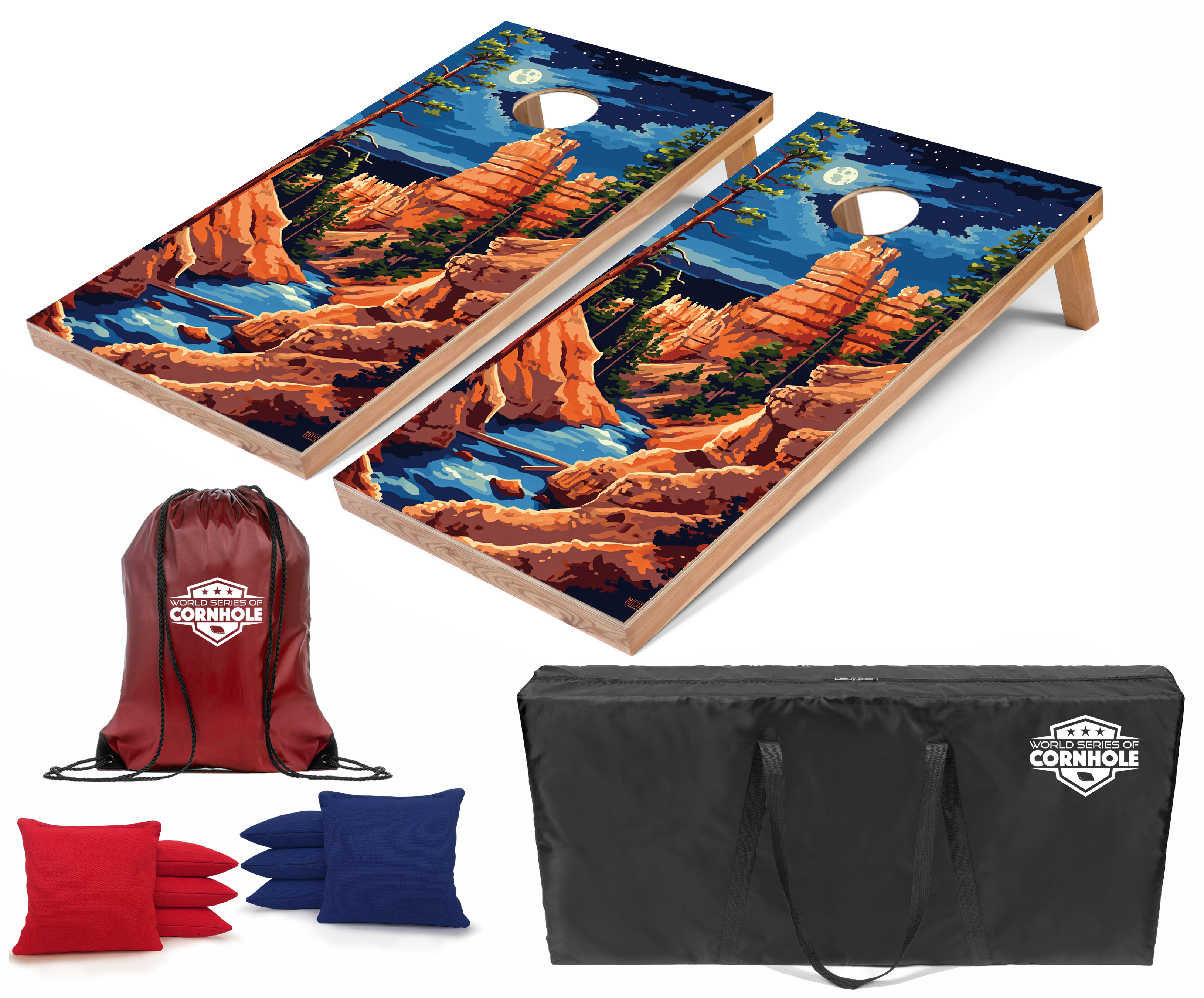 World Series of Cornhole Lightweight Cornhole Set - Bryce Canyon National Park Nighttime Boards with Red and Royal Blue Bags