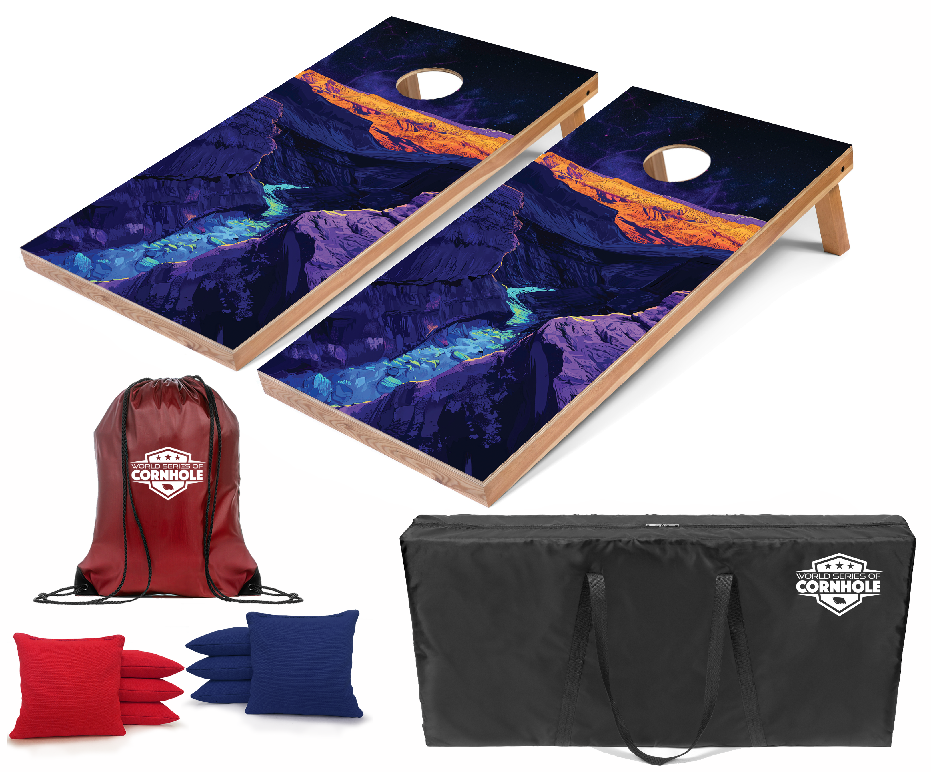 World Series of Cornhole Lightweight Cornhole Set - Capitol Reef National Park Nighttime Boards with Red and Royal Blue Bags