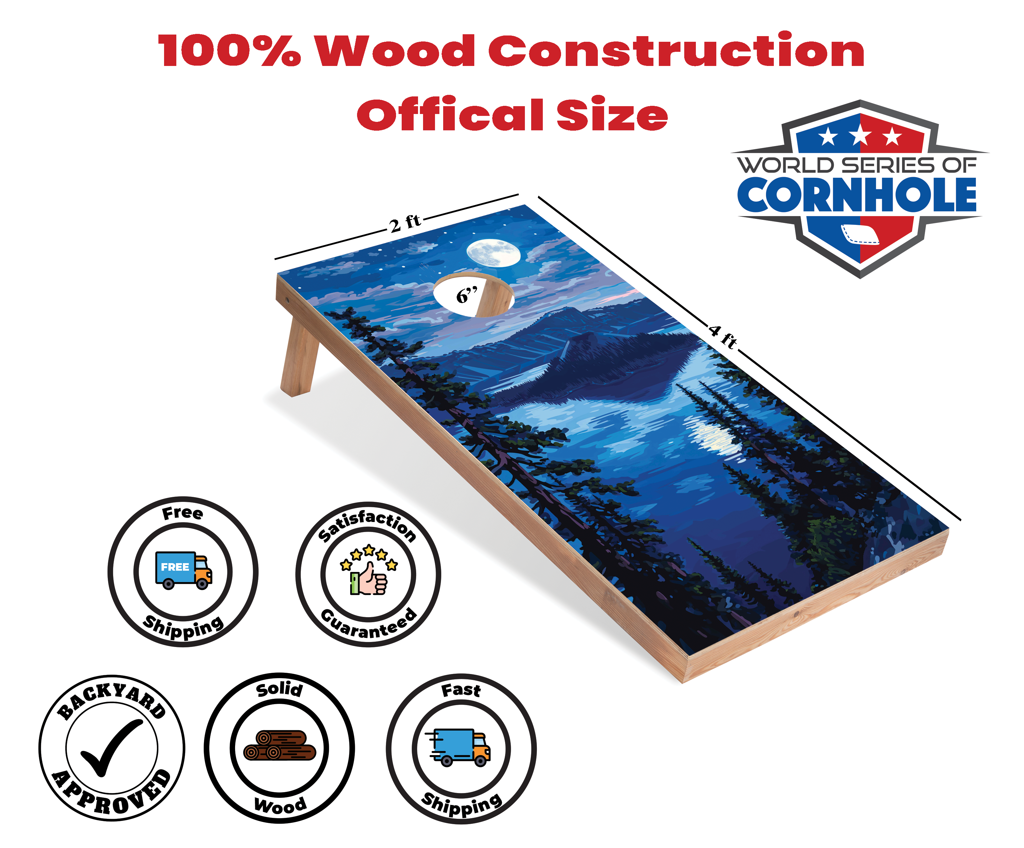 World Series of Cornhole Lightweight Cornhole Set - Crater Lake National Park Nighttime Boards with Red and Royal Blue Bags