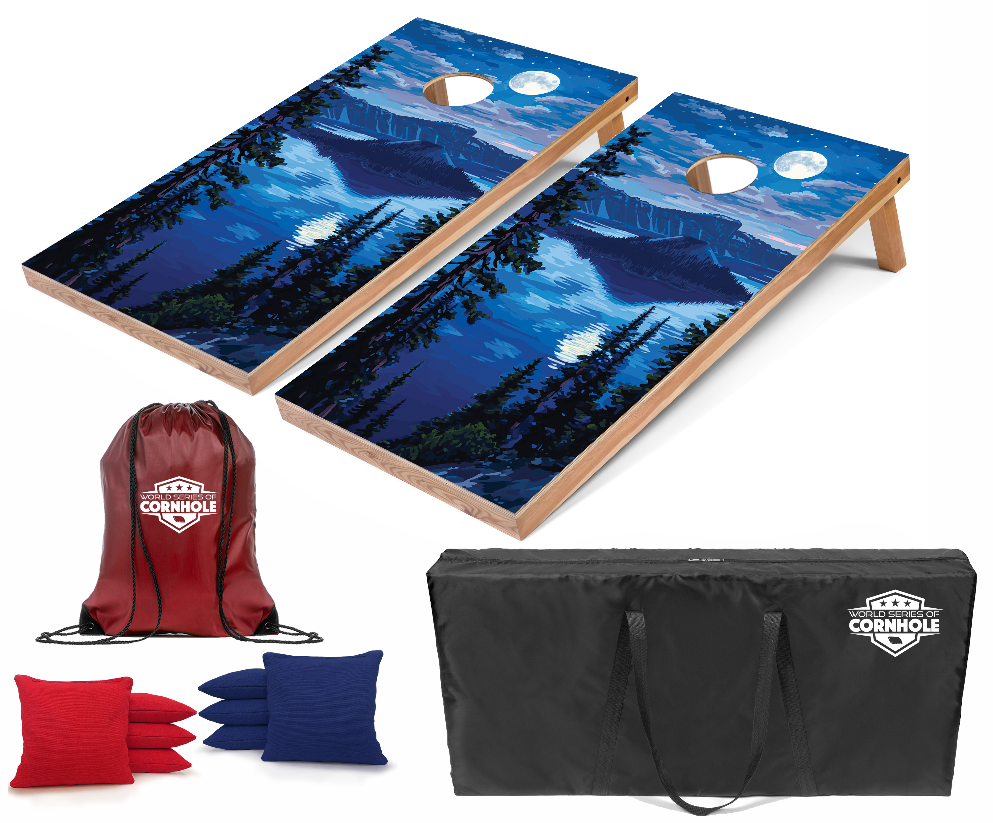 World Series of Cornhole Lightweight Cornhole Set - Crater Lake National Park Nighttime Boards with Red and Royal Blue Bags