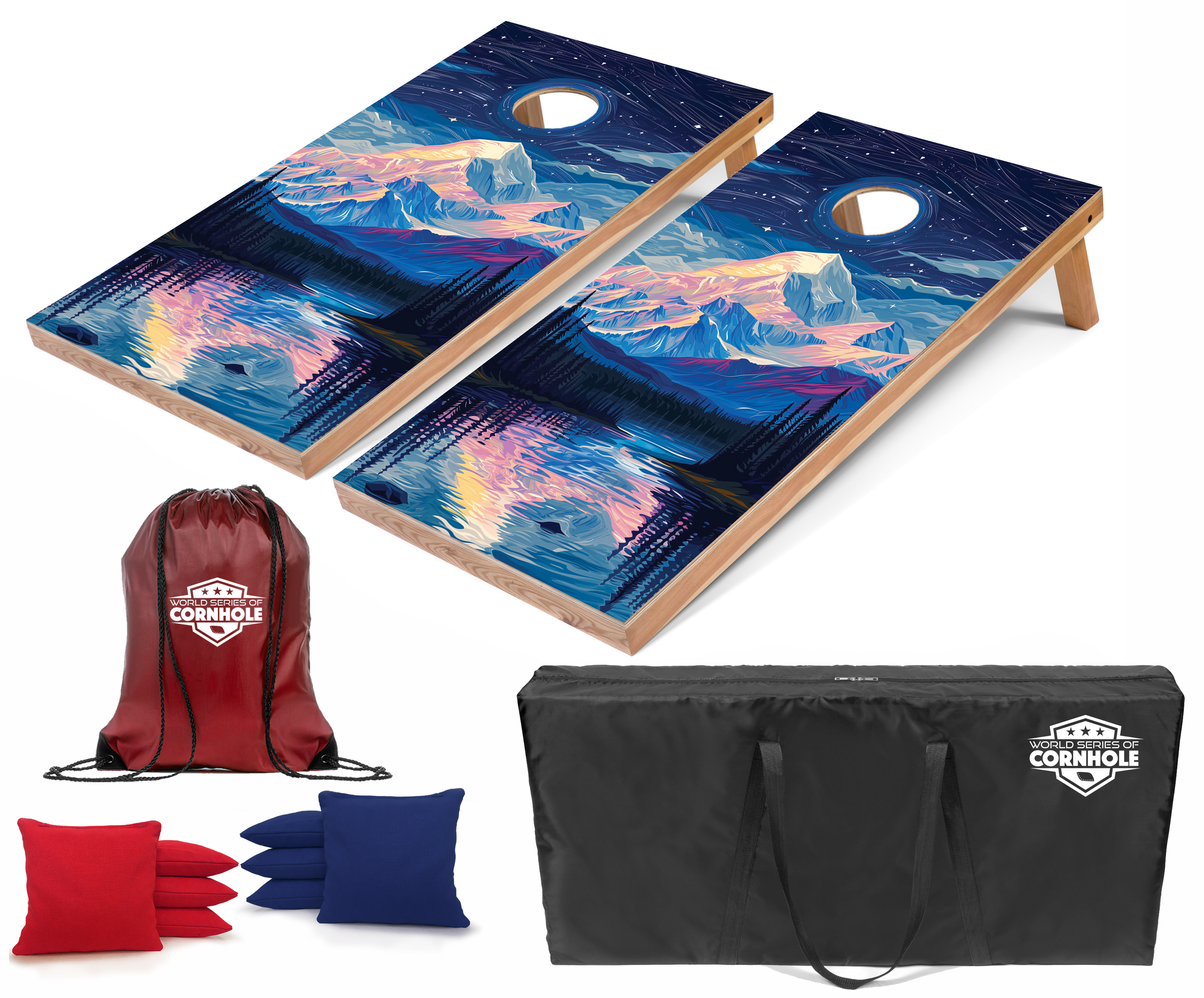 World Series of Cornhole Lightweight Cornhole Set - Denali National Park Nighttime Boards with Red and Royal Blue Bags