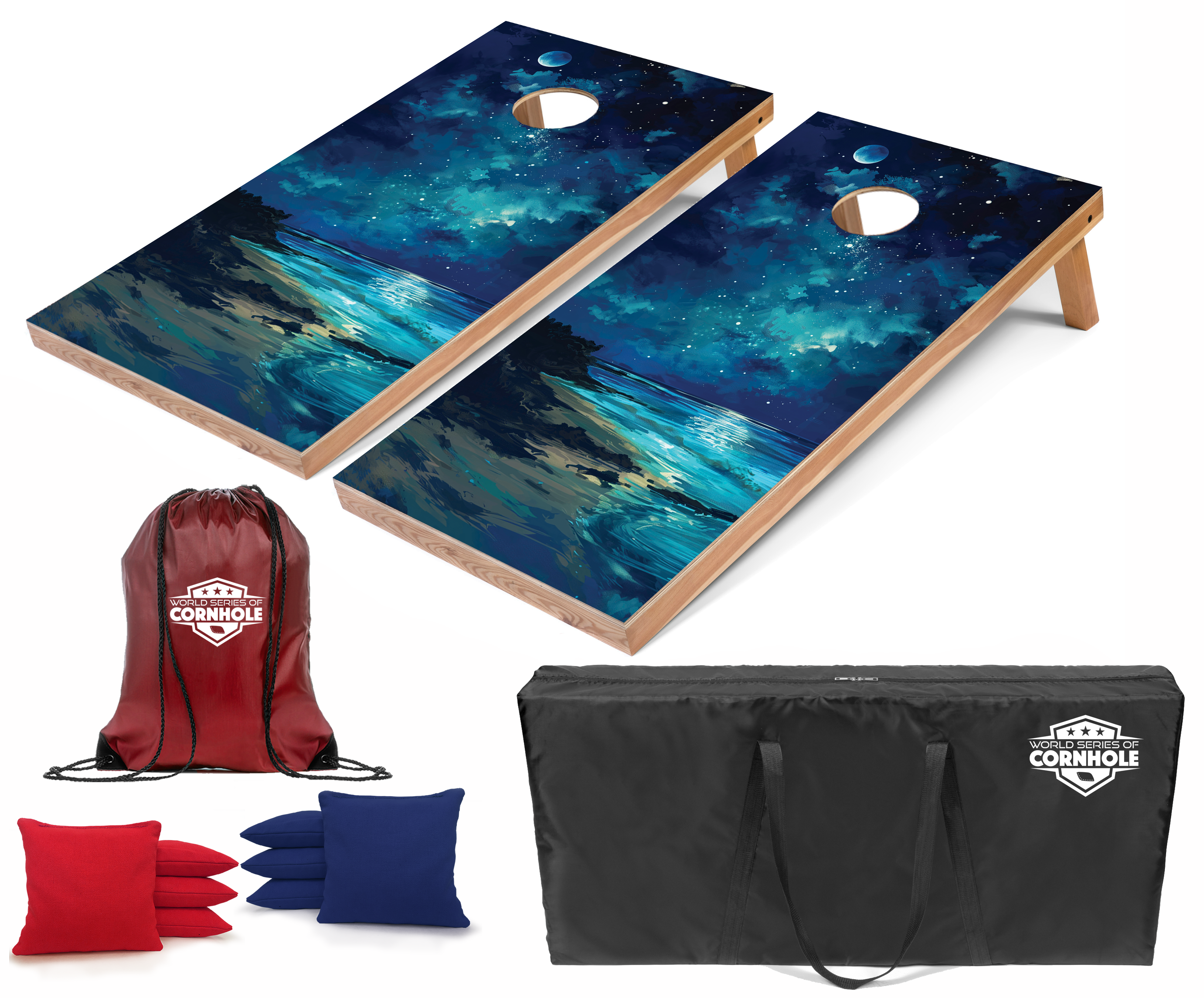 World Series of Cornhole Lightweight Cornhole Set - Dry Tortugas National Park Nighttime Boards with Red and Royal Blue Bags