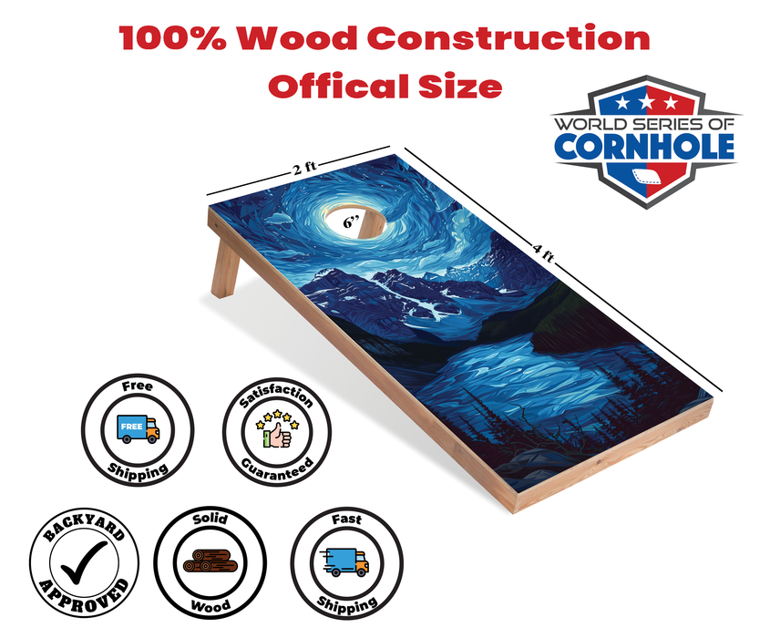 World Series of Cornhole Recreational Cornhole Set - Glacier National Park Nighttime Boards with Red and Royal Blue Bags
