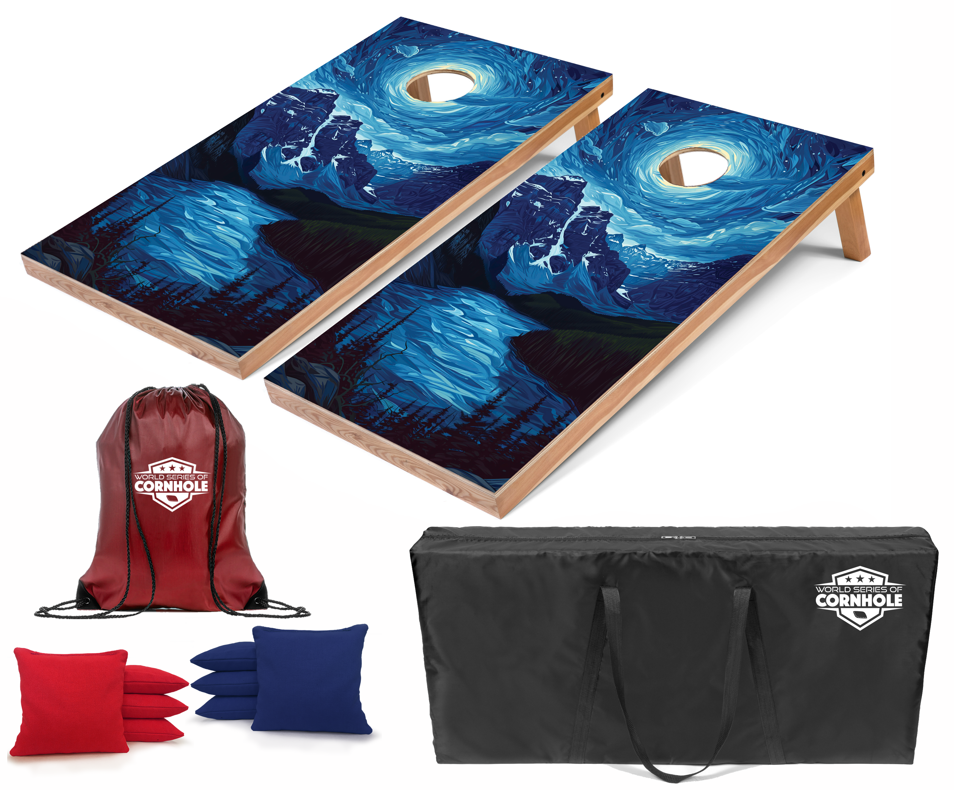 World Series of Cornhole Lightweight Cornhole Set - Glacier National Park Nighttime Boards with Red and Royal Blue Bags