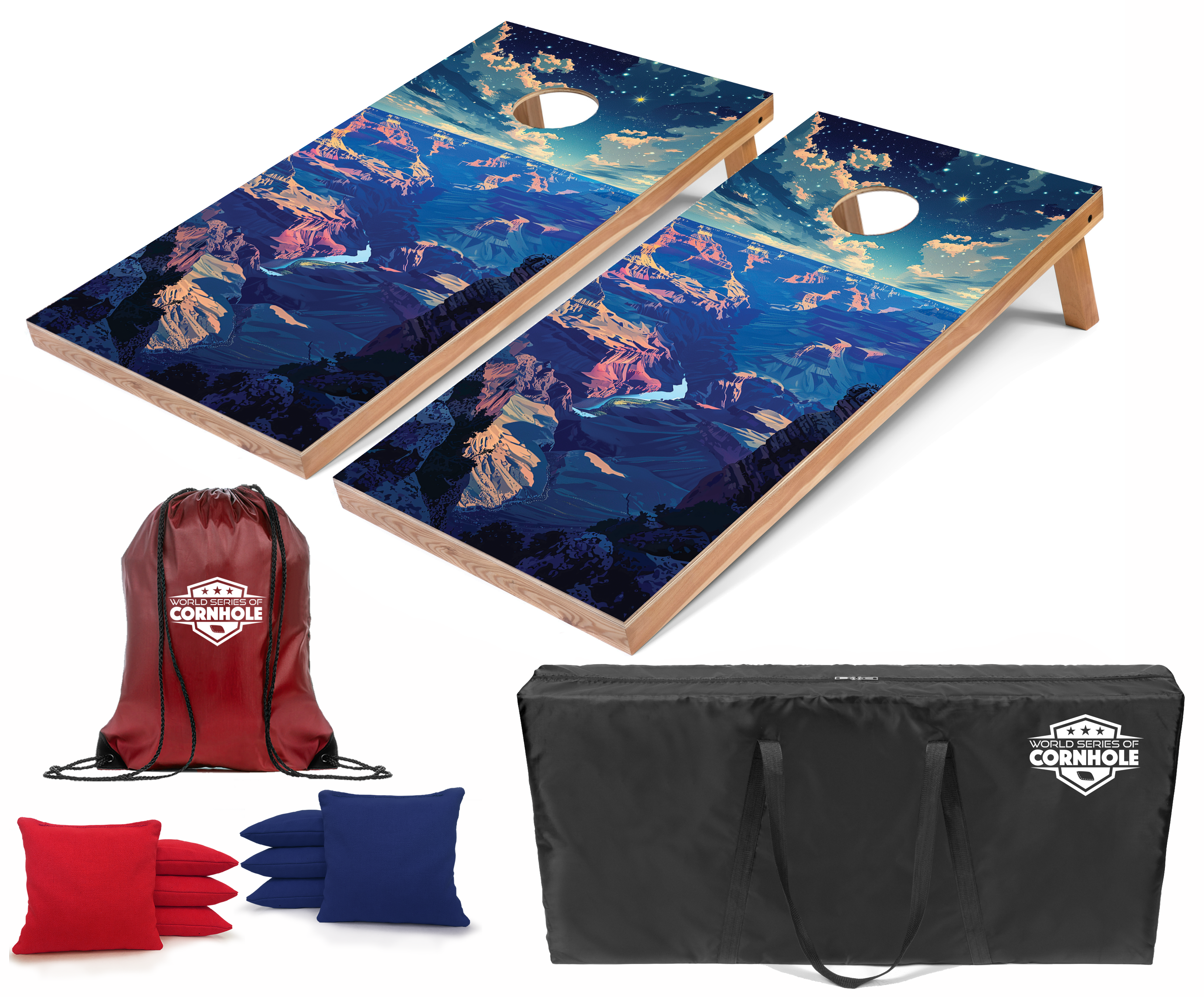 World Series of Cornhole Lightweight Cornhole Set - Grand Canyon National Park Nighttime Boards with Red and Royal Blue Bags