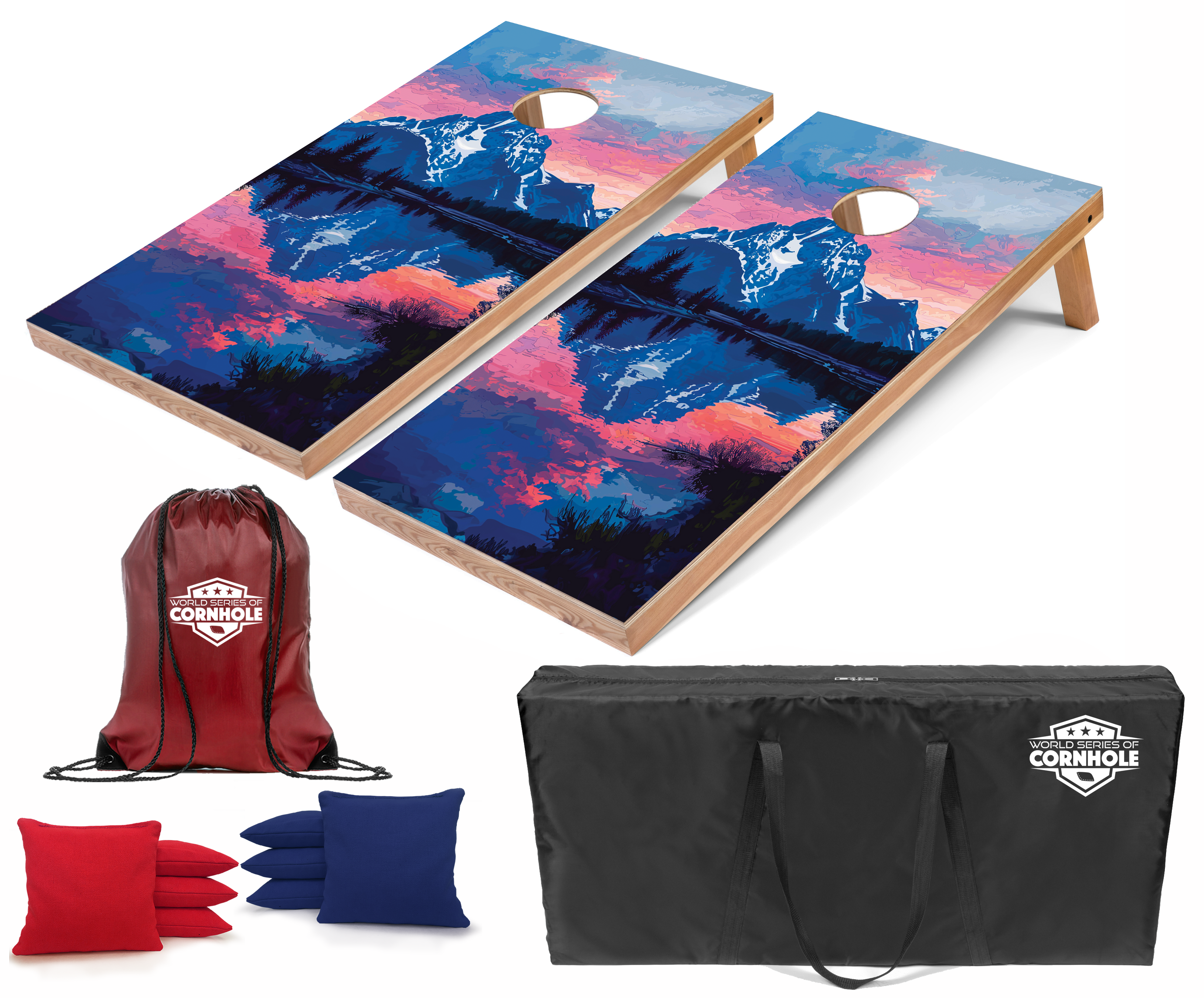 World Series of Cornhole Lightweight Cornhole Set - Grand Teton National Park Nighttime Boards with Red and Royal Blue Bags