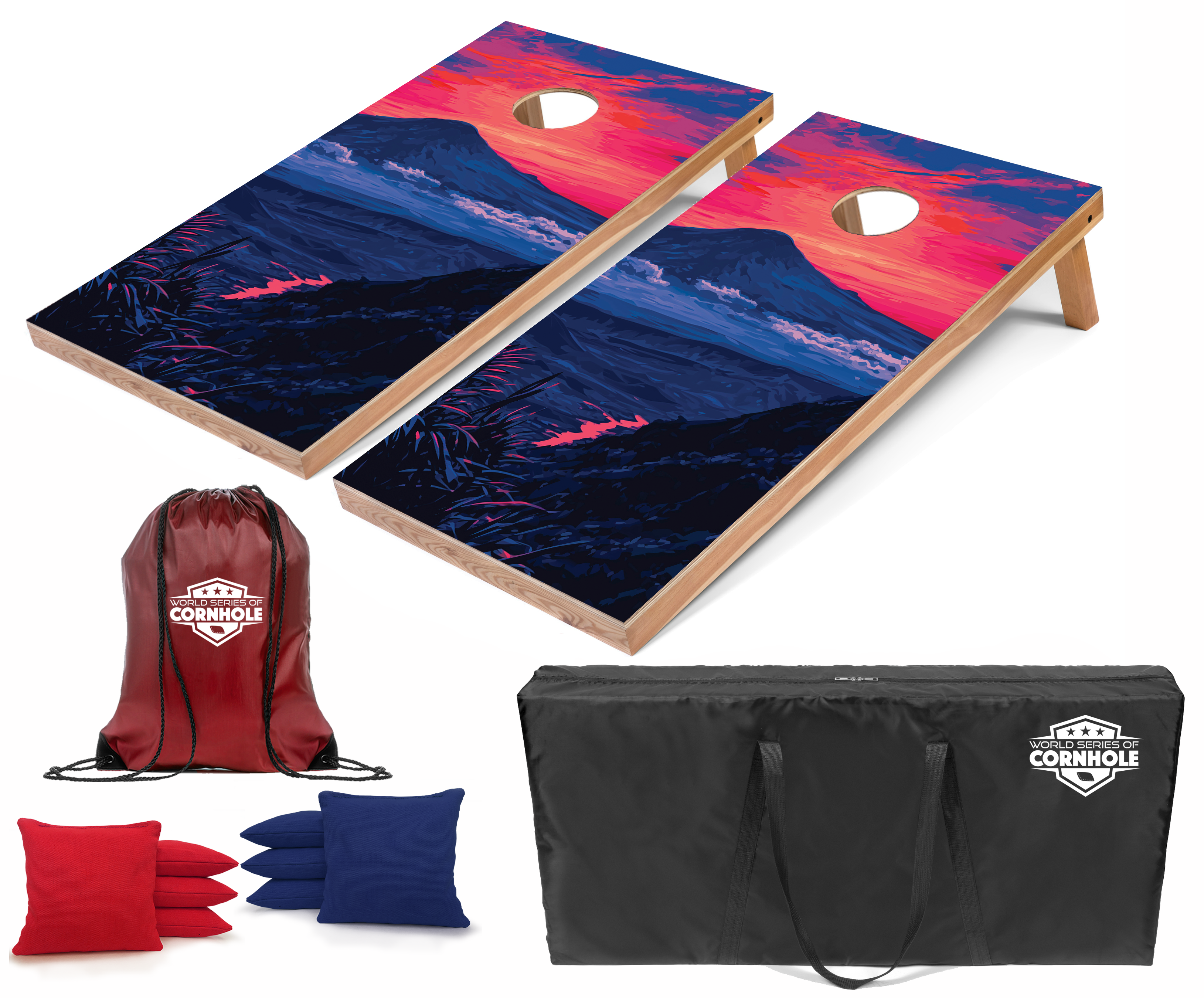 World Series of Cornhole Lightweight Cornhole Set - Hawaii Volcanoes National Park Nighttime Boards with Red and Royal Blue Bags