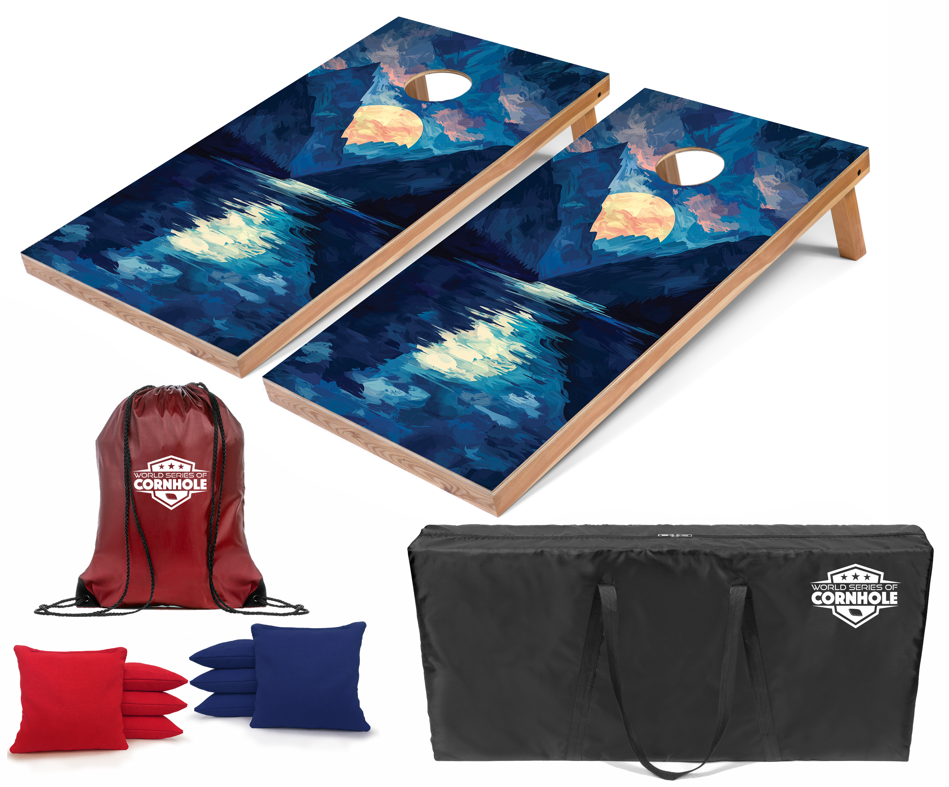 World Series of Cornhole Lightweight Cornhole Set - Kenai Fjords National Park Nighttime Boards with Red and Royal Blue Bags