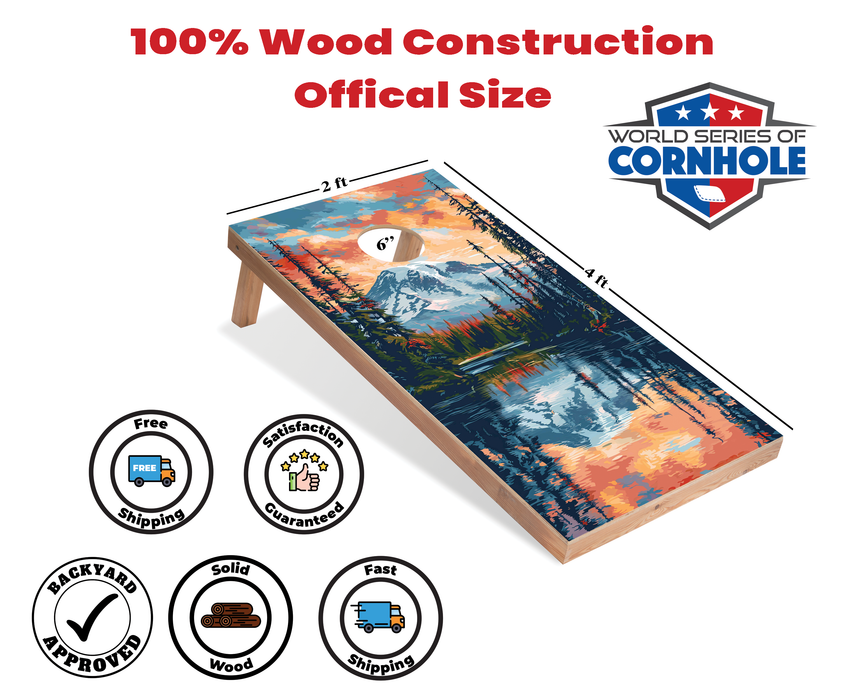 World Series of Cornhole Recreational Cornhole Set - Mt. Rainier National Park Nighttime Boards with Red and Royal Blue Bags