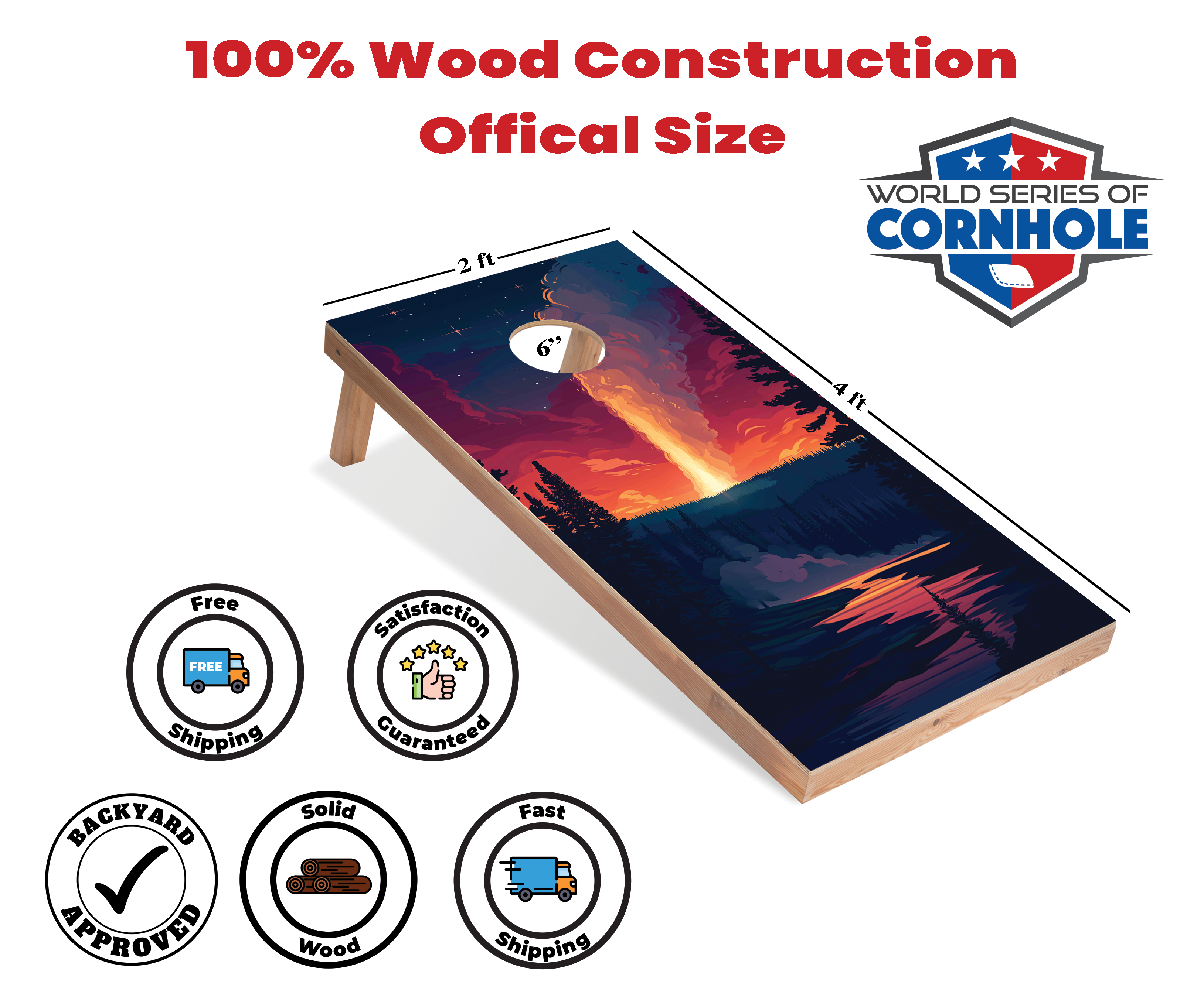 World Series of Cornhole Lightweight Cornhole Set - Yellowstone Old Faithful National Park Nighttime Boards with Red and Royal Blue Bags