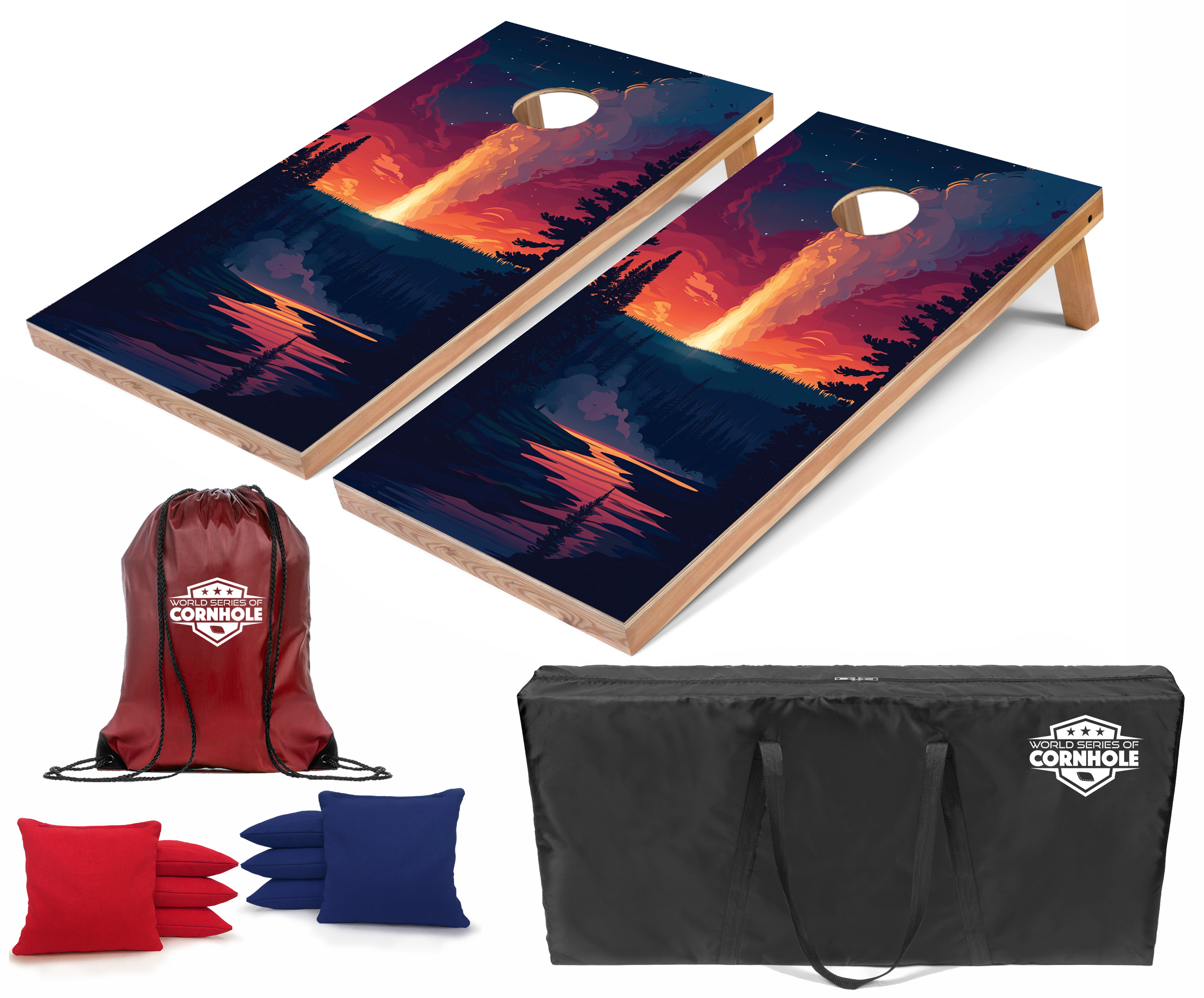 World Series of Cornhole Lightweight Cornhole Set - Yellowstone Old Faithful National Park Nighttime Boards with Red and Royal Blue Bags