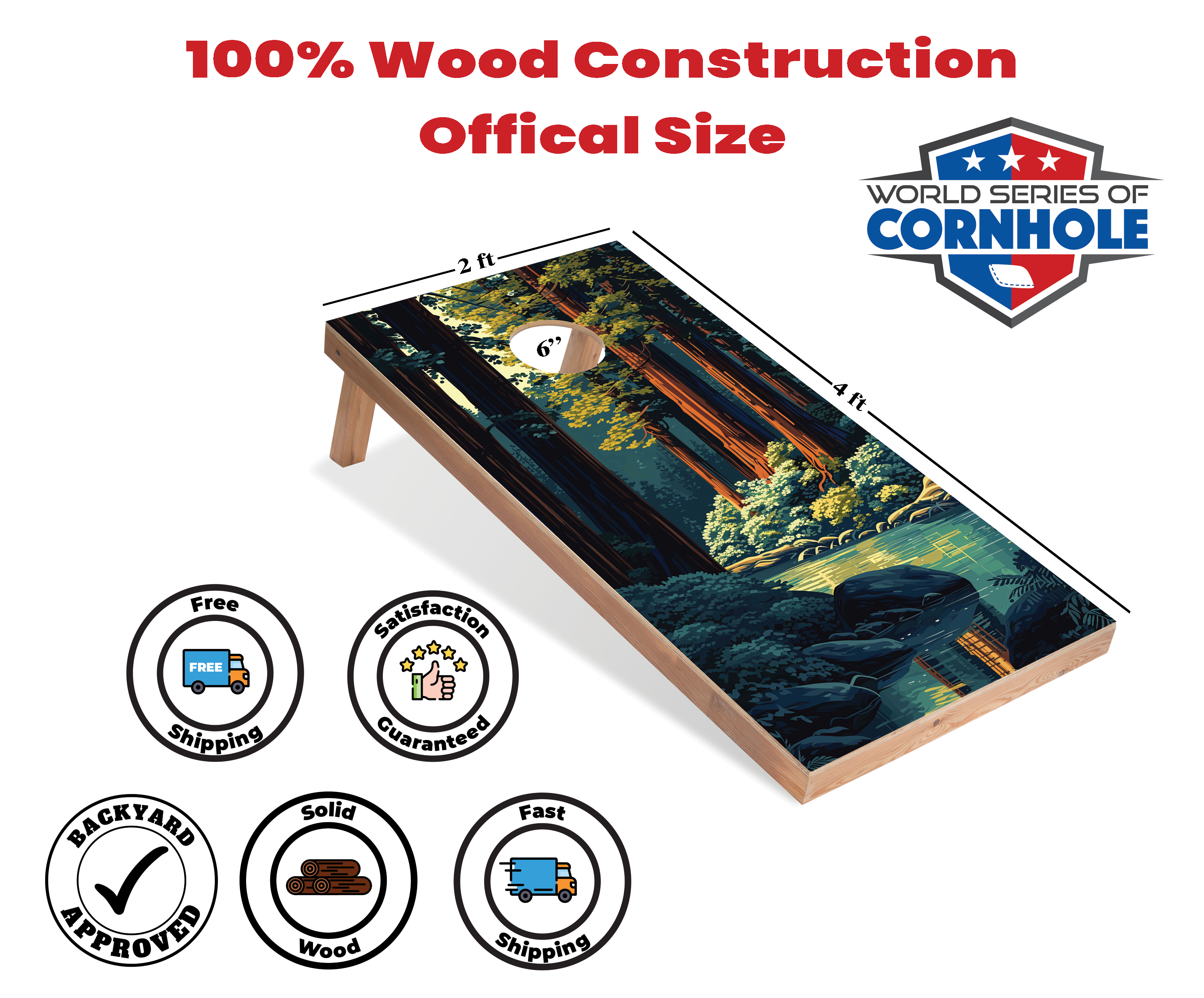 World Series of Cornhole Lightweight Cornhole Set - Redwood National Park Nightime Boards with Red and Royal Blue Bags