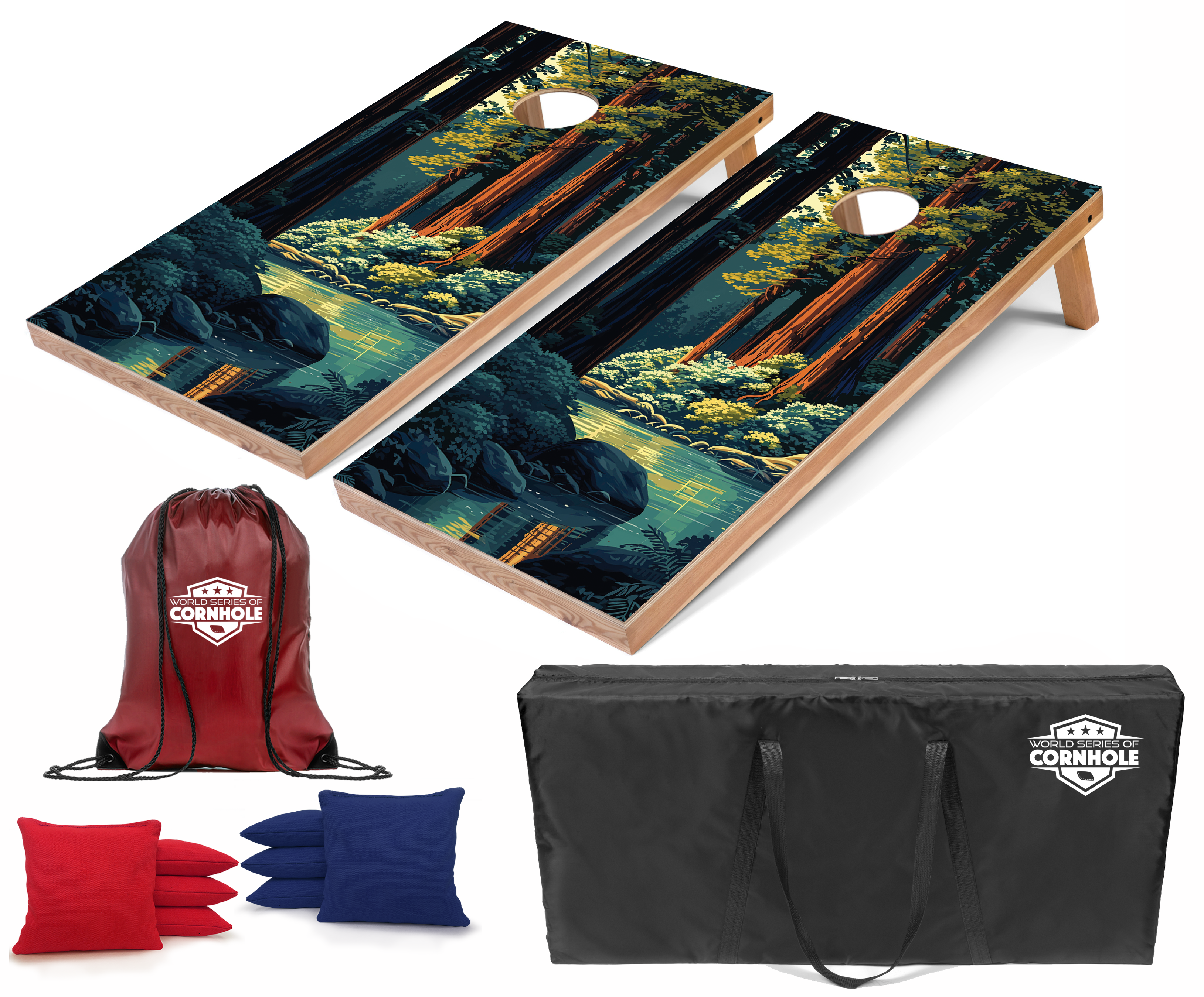 World Series of Cornhole Lightweight Cornhole Set - Redwood National Park Nightime Boards with Red and Royal Blue Bags