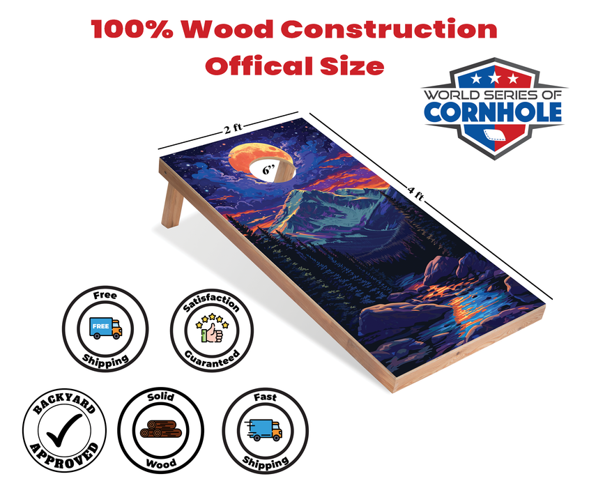 World Series of Cornhole Recreational Cornhole Set - Rocky Mountain National Park Nighttime Boards with Red and Royal Blue Bags
