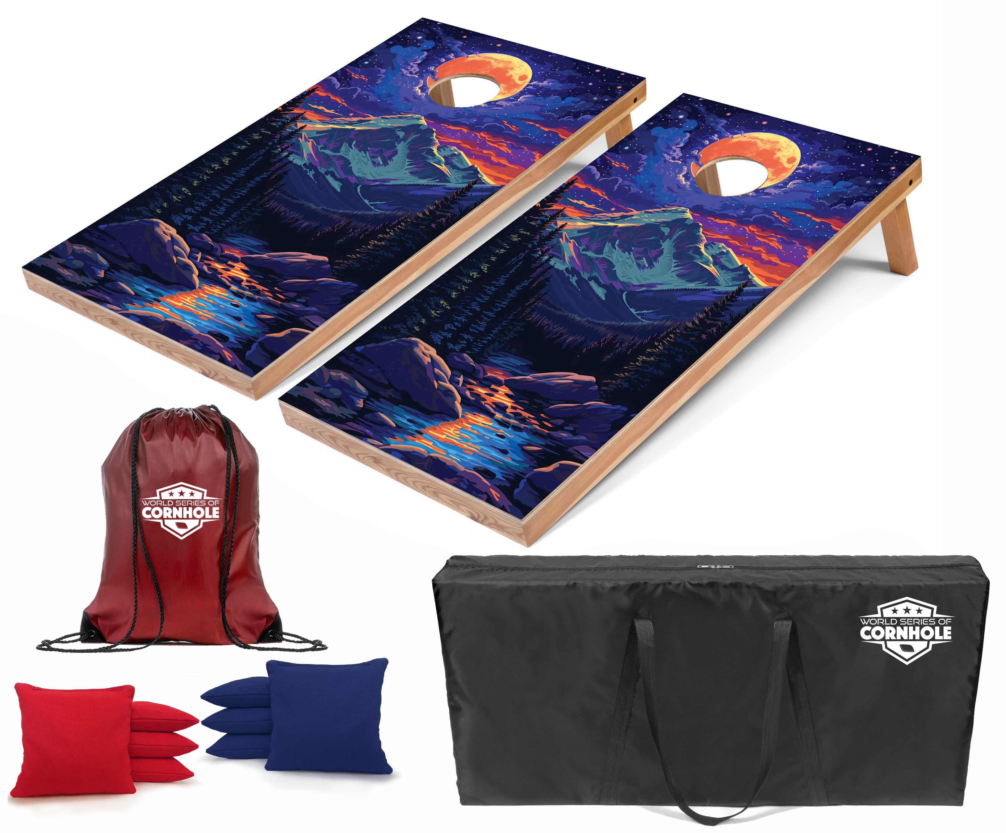 World Series of Cornhole Lightweight Cornhole Set - Rocky Mountain National Park Nighttime Boards with Red and Royal Blue Bags