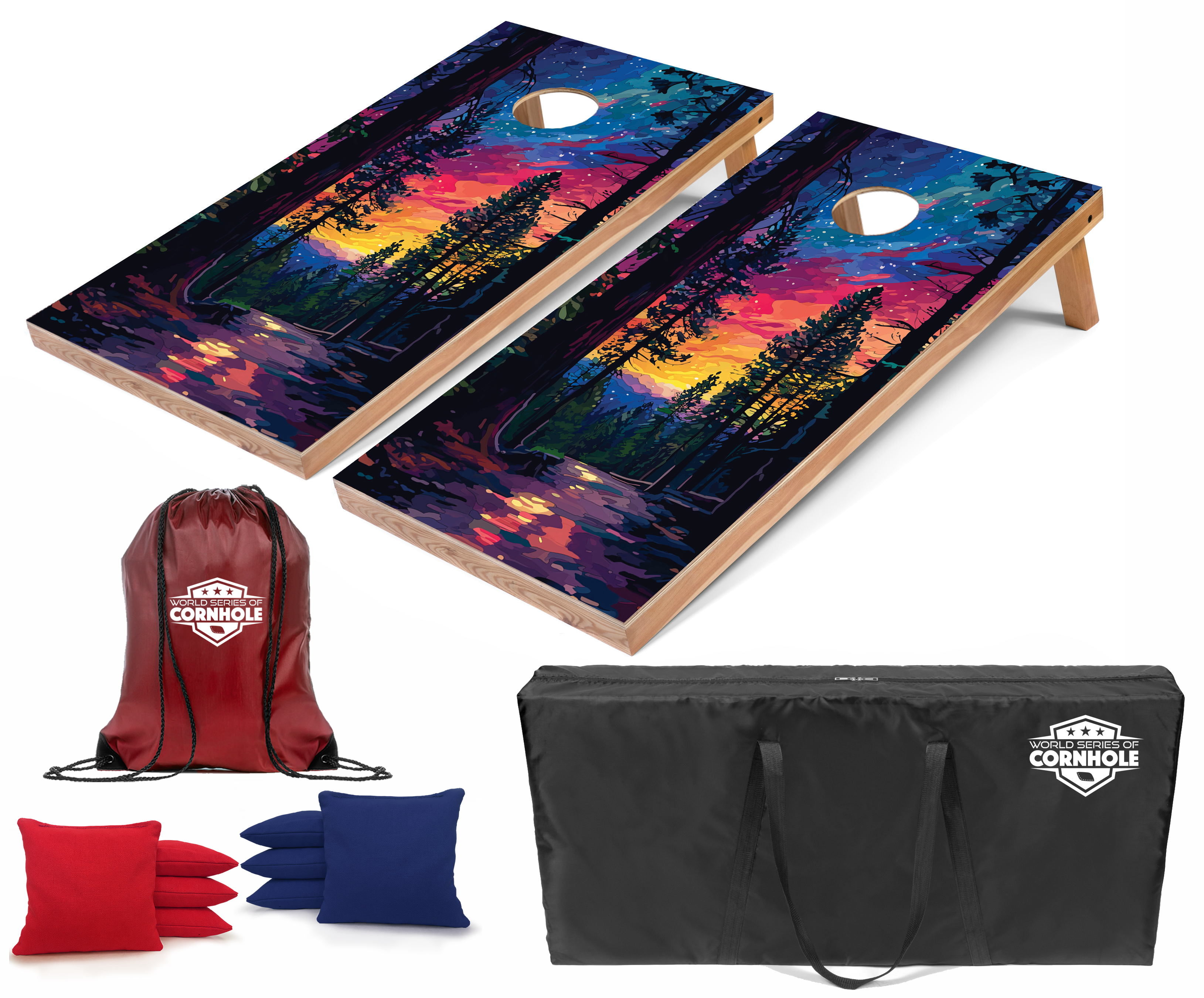 World Series of Cornhole Lightweight Cornhole Set - Sequoia National Park Nighttime Boards with Red and Royal Blue Bags