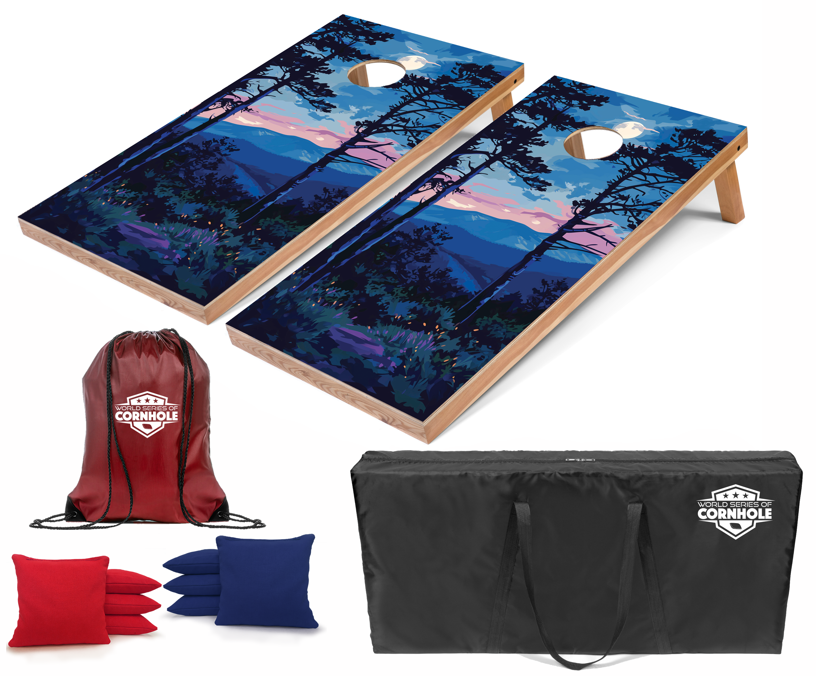 World Series of Cornhole Lightweight Cornhole Set - Shenandoah National Park Nighttime Boards with Red and Royal Blue Bags