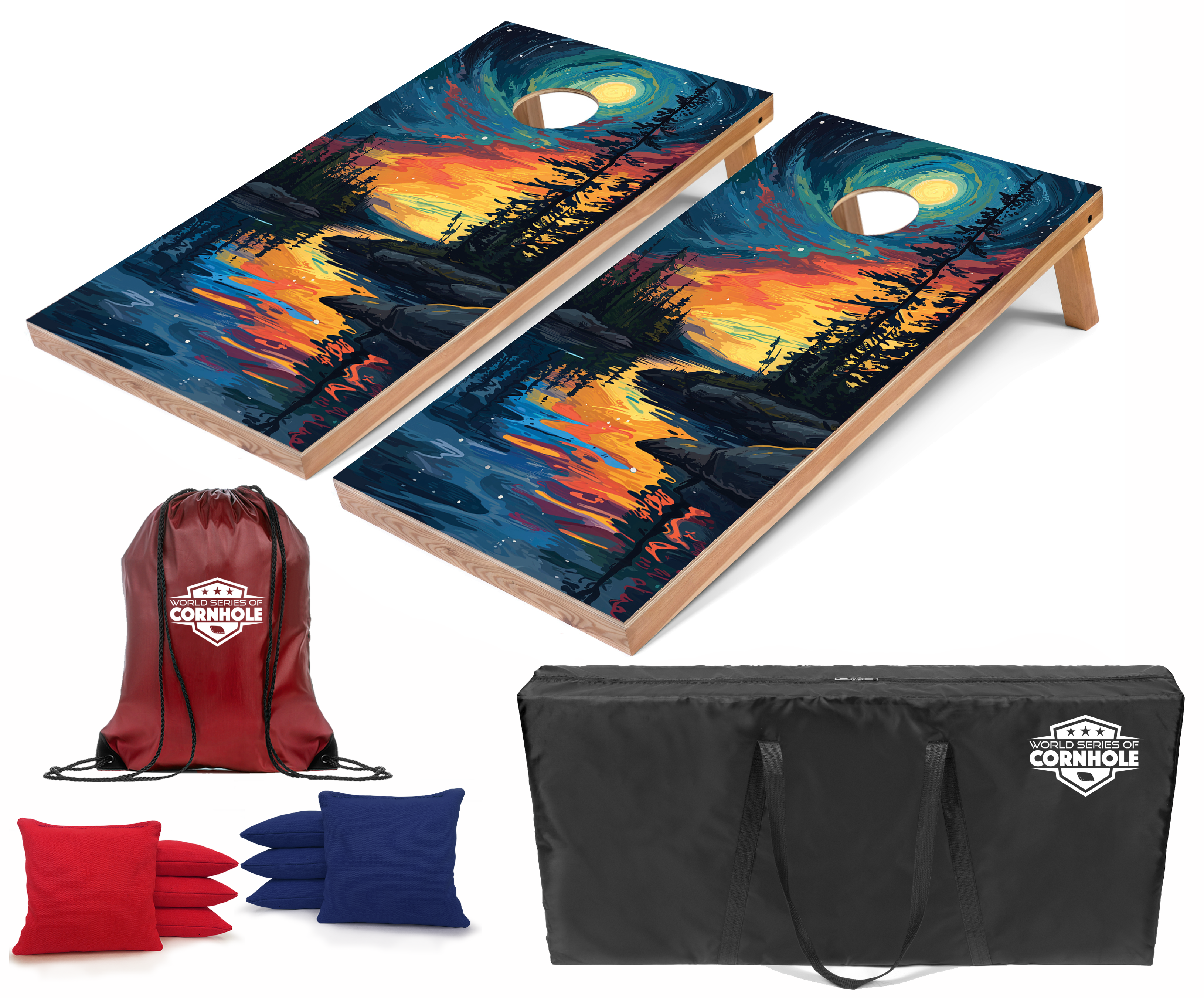 World Series of Cornhole Lightweight Cornhole Set - Voyageurs National Park Nighttime Boards with Red and Royal Blue Bags